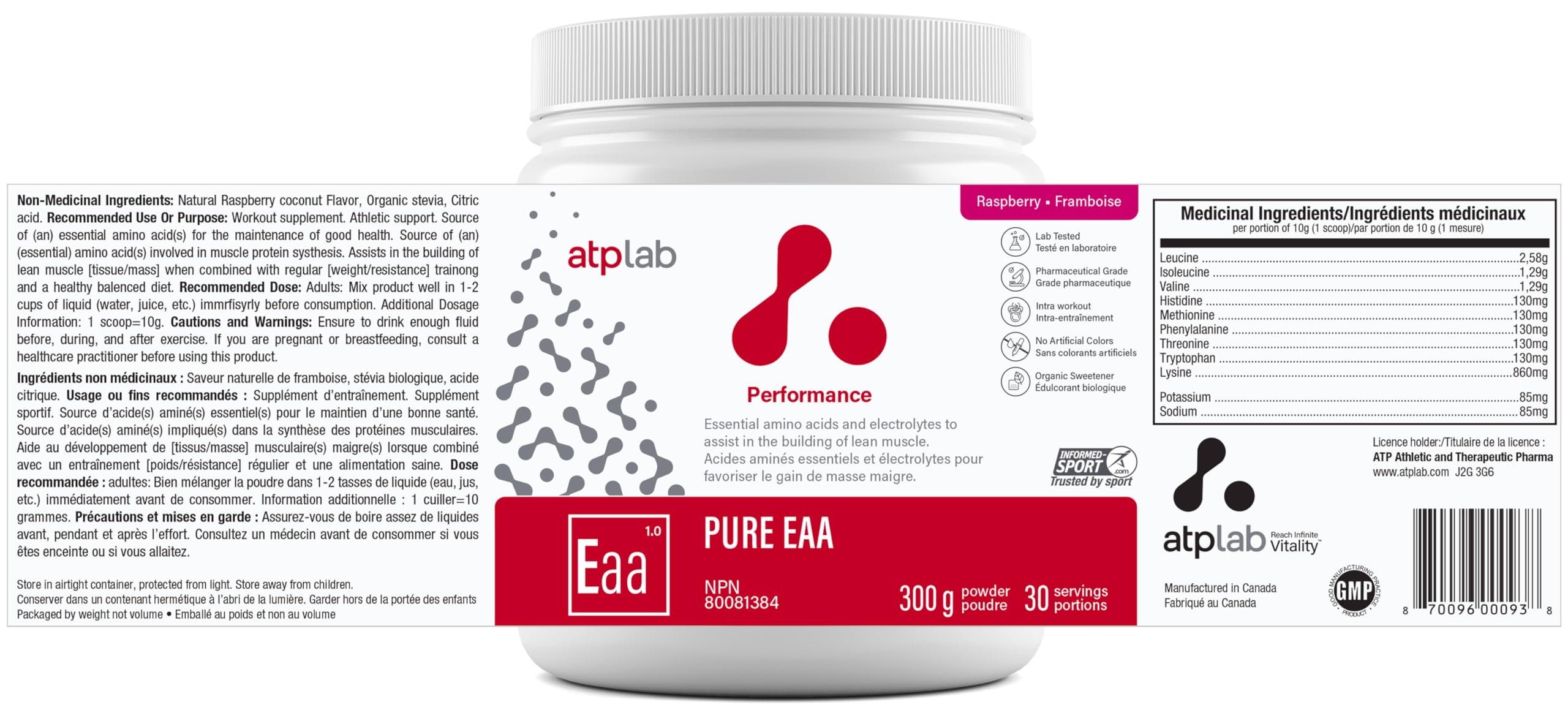 ATP LAB - Pure EAA en Poudre 300g (Saveur Framboise) - Supplément EAA - Poudre d'Acides Aminés Essentiels - Développement Musculaire - Récupération Musculaire