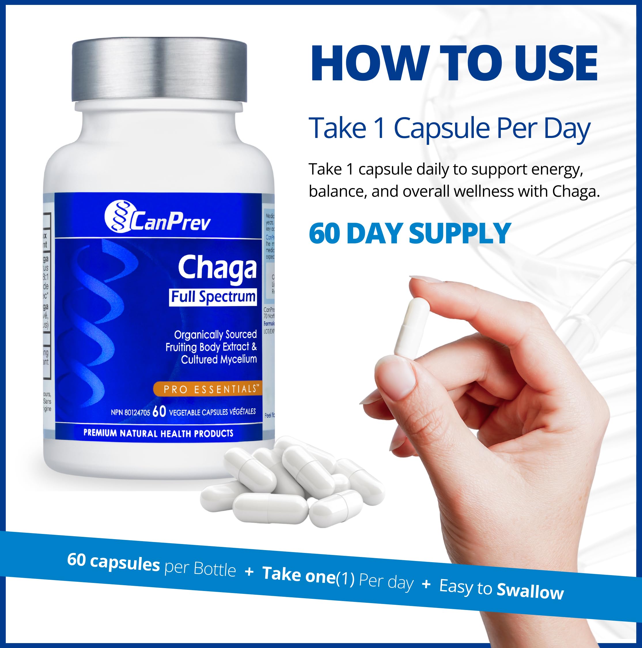 CanPrev Organic Chaga Full Spectrum 60 Veg Caps, 2-Month Supply, Wildcrafted Chaga Mushroom Extract for Daily Wellness, Cellular Protection, Balanced Digestion, Rich in Antioxidant, No GMO, Soy, Dairy