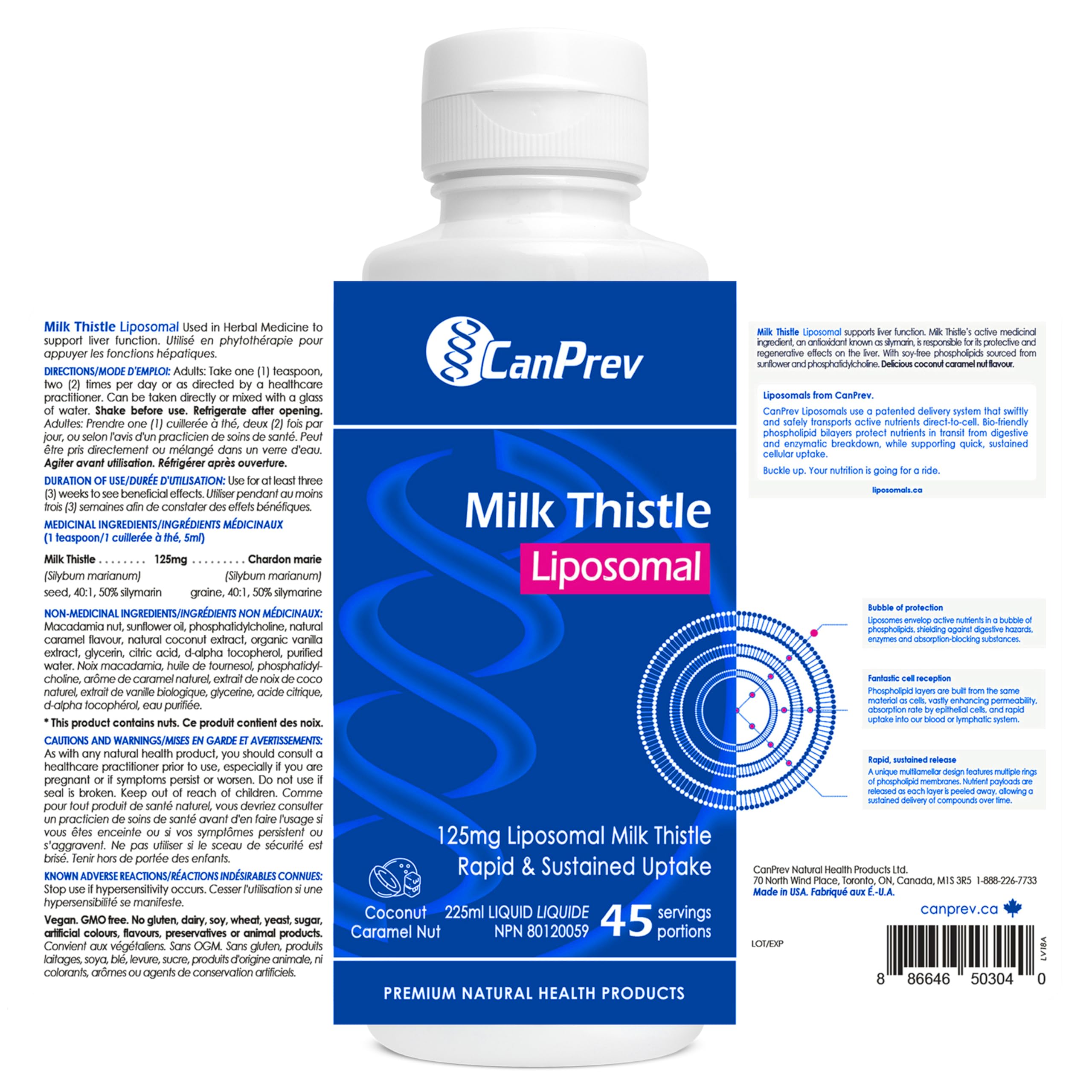 CanPrev Chardon-Marie Liposomal 225ml Liquide 45 portions – Noix de coco, caramel, sans alcool ajouté, favorise la fonction hépatique et l'équilibre digestif - Végétalien, sans OGM et sans gluten