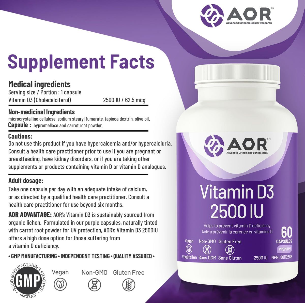 AOR Vitamin D3 2500 IU Capsules, Vitamin D, 60 Capsules, 60 Day Supply
