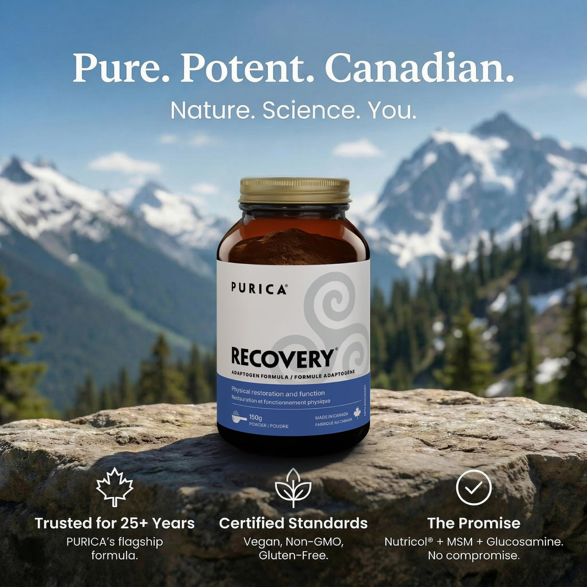 PURICA Recovery Adaptogen Powder, Vegan, Made in Canada, 150 g, 37 Servings