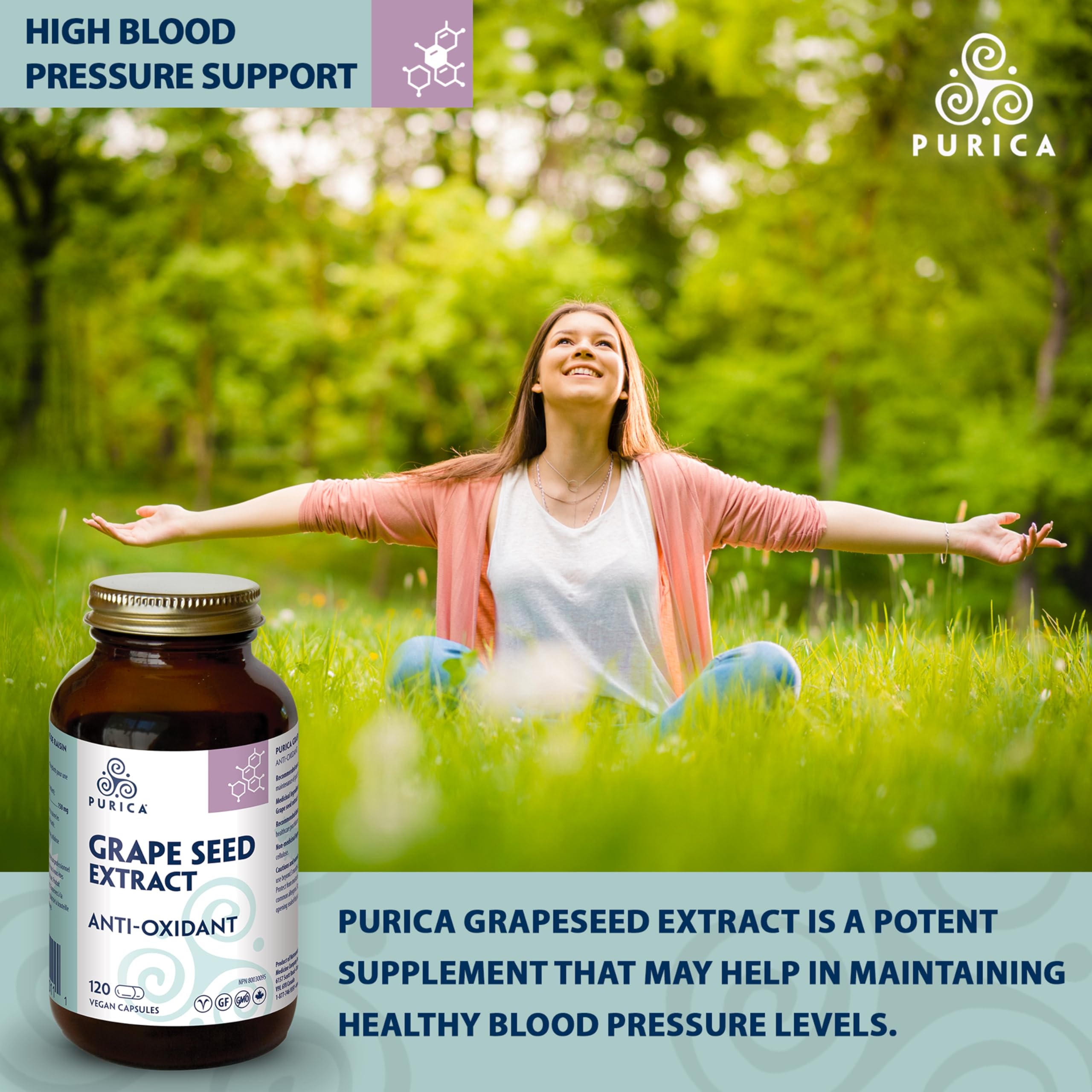 PURICA - Grape Seed Extract, 120 Vegan Capsules 60-Day Supply - Source of Antioxidants for the Maintenance of Good Health, Concentrated Blend of Standardized Proanthocyanidins - Non-GMO & Gluten-Free