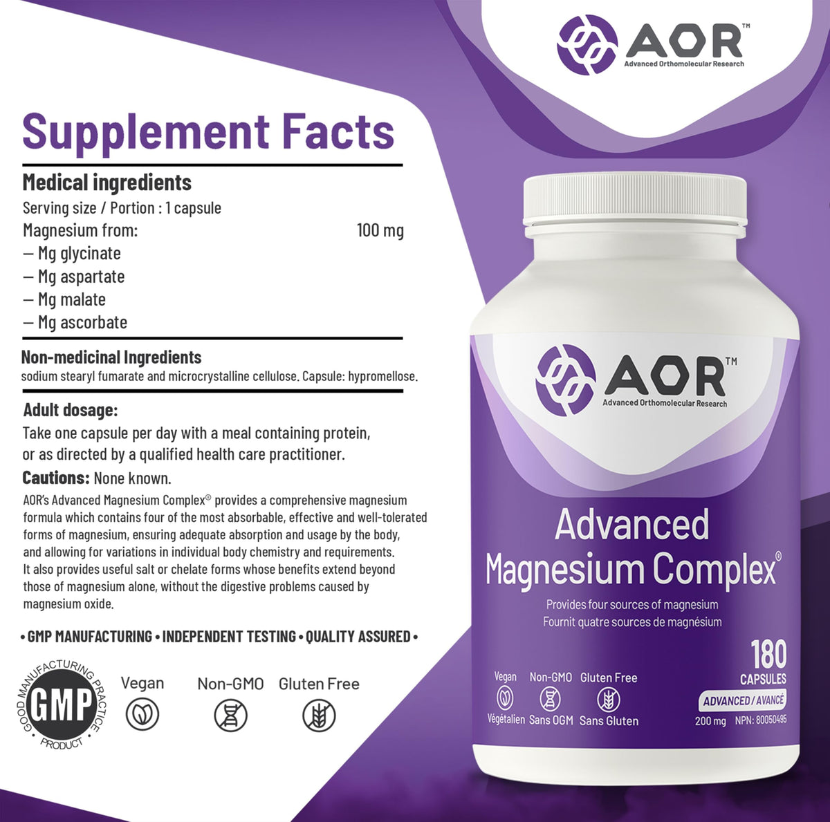 AOR Magnesium Complex, Magnesium Glycinate, 180 Capsules, 180 Day Supply