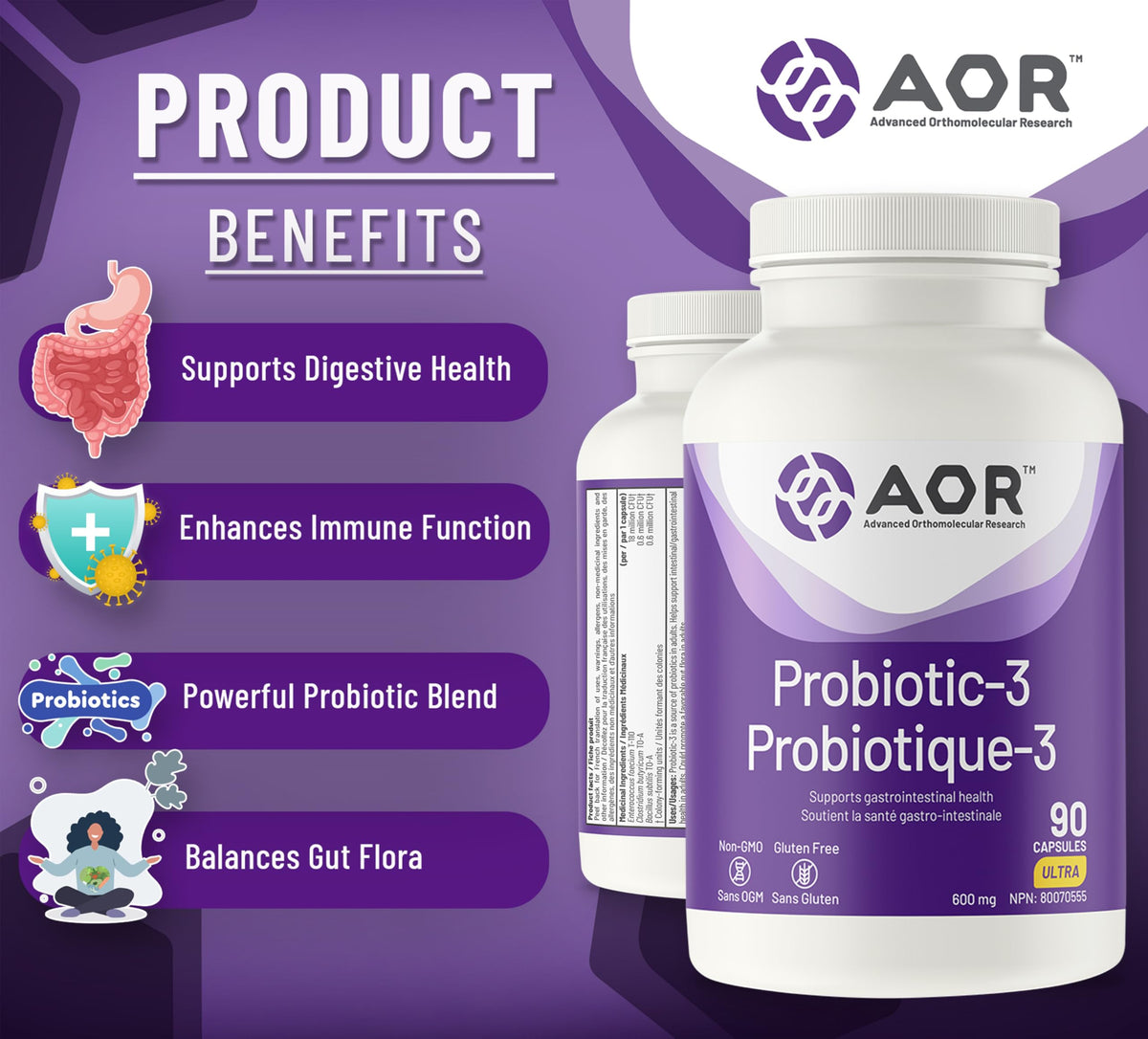 AOR Probiotic 3, Probiotics, Intestinal Health, 90 Capsules, 45 Day Supply