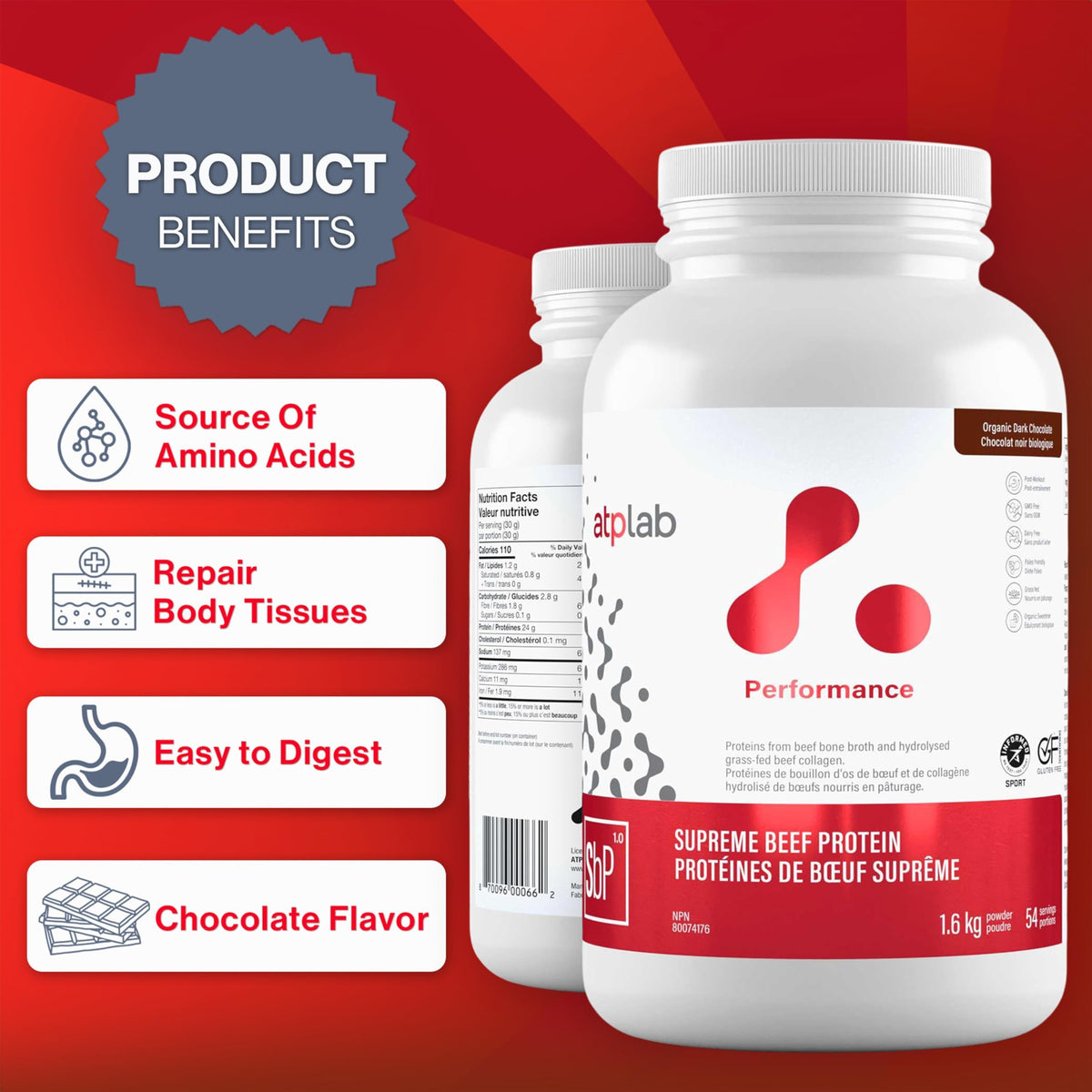 atplab Beef Protein Powder, Dairy-Free, Dark Chocolate, 1.6 kg, 54 Servings