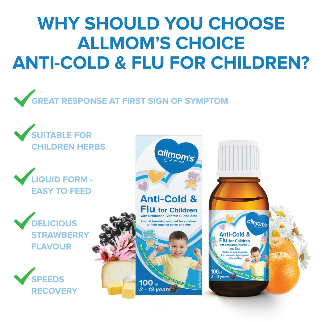 Anti-Cold & Flu for Children - Prevent and Relief Kids Flu Symptoms - Cough, Sore Throat, Fever, Running Nose, Nasal Congestion - Vitamins C for Kids - Zinc - Echinacea & Elder - Improve Immunity - 100ml Liquid - 2-13 Years Old - All Mom's Choice