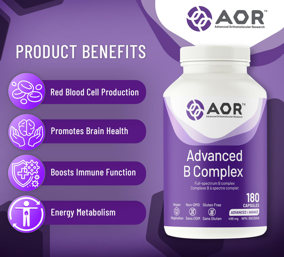 AOR Advanced Vitamin B Complex, Active Forms, Gluten Free, 180 Capsules