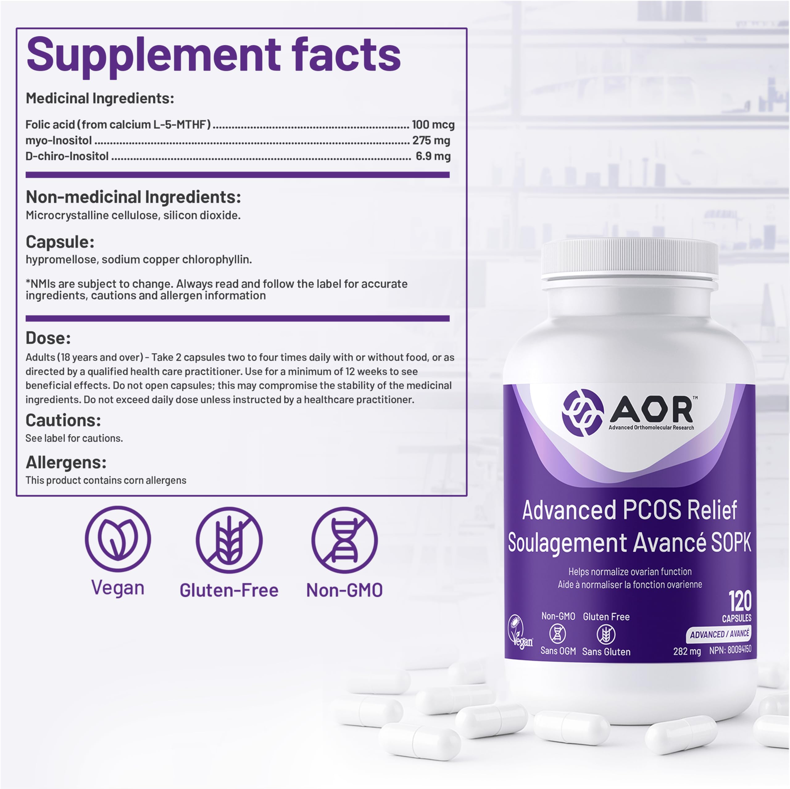 AOR - Advanced PCOS Support, 120 gélules (approvisionnement de 30 jours) - Supplément de Myo-Inositol et D-Chiro Inositol pour femmes - Favorise la santé ovarienne et l'équilibre du cycle menstruel - Formule SOPK pour femmes - Végane et sans OGM