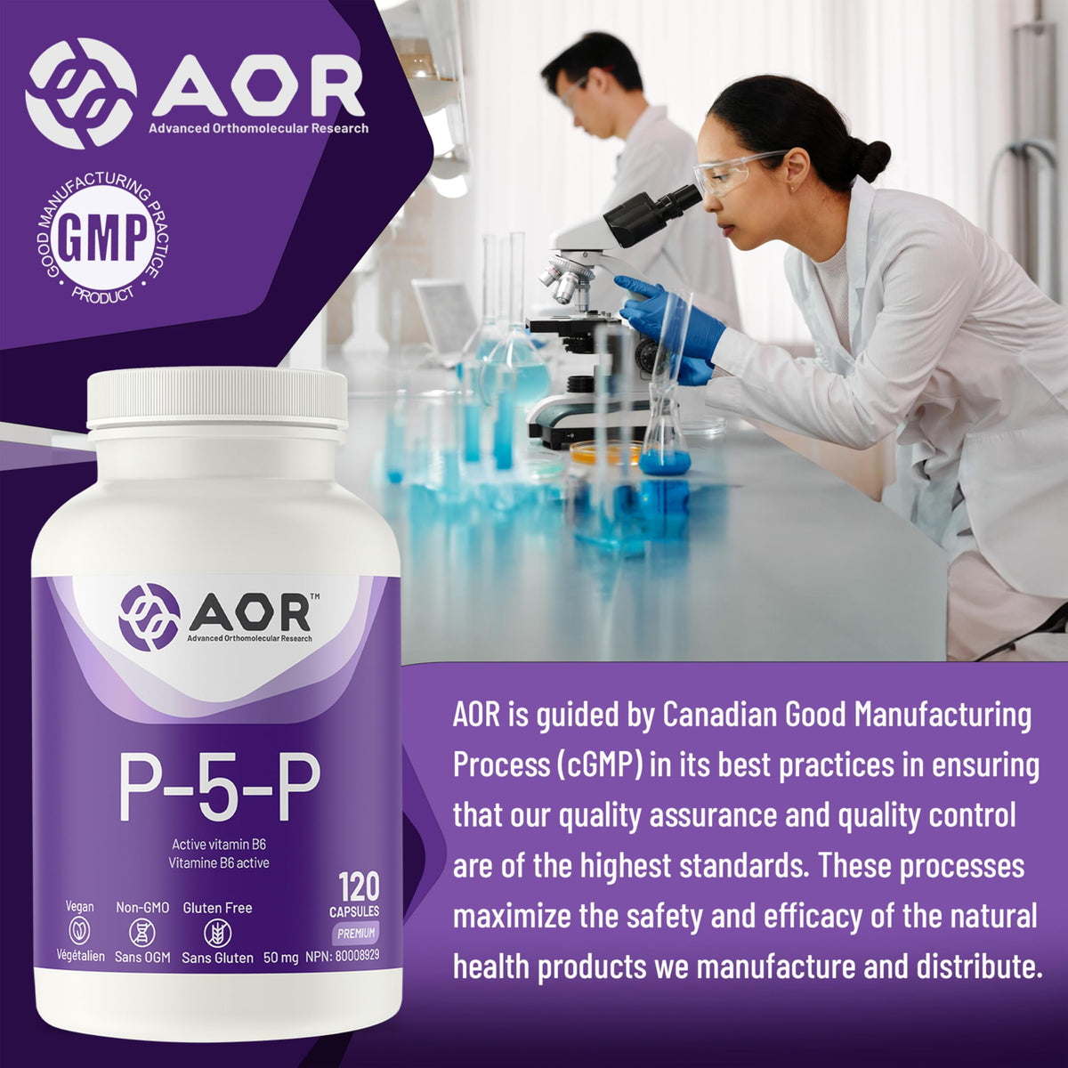 AOR P5P Vitamin B6 Supplement, Bioactive P5P, 50mg, 120 Caps, 60-Day Supply