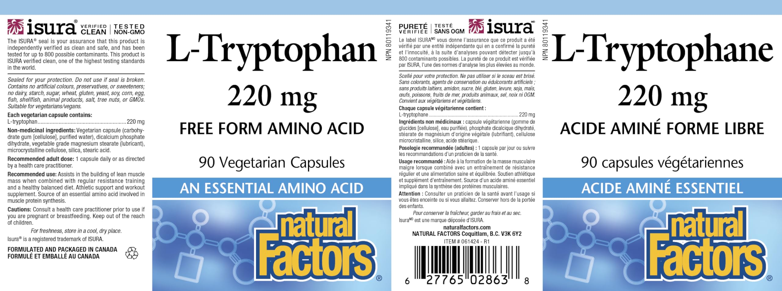Natural Factors L-Tryptophan 220 mg, 90 Vegetarian Capsules, Free Form Amino Acid, Highly Absorbable, Naturally Fermented, Vegetarian Source, Builds Lean Muscle Mass, Proudly Canadian