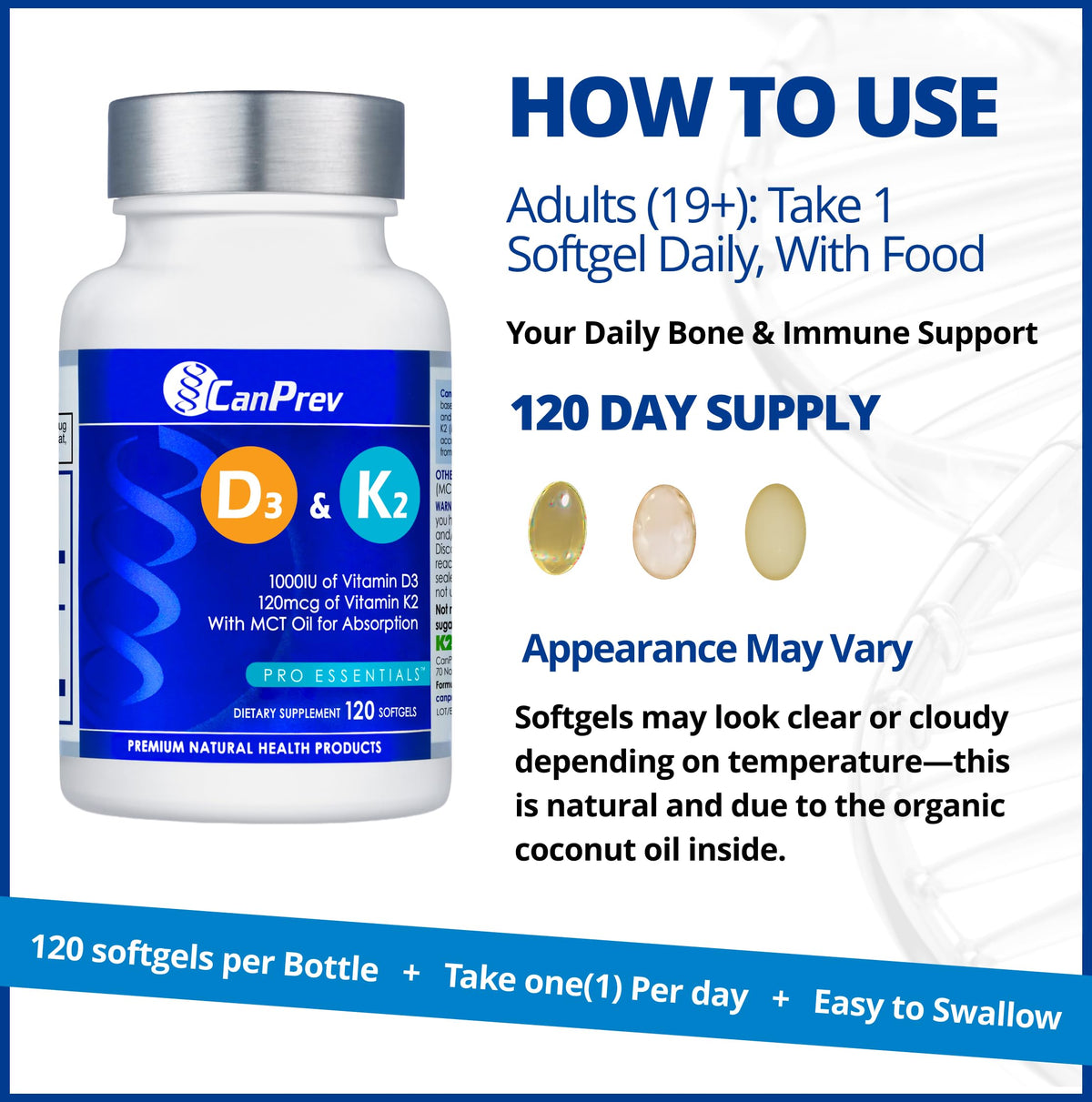 CanPrev Vitamin D3 K2 Softgels, 1000 IU D3, 120 mcg K2, 120 Day Supply