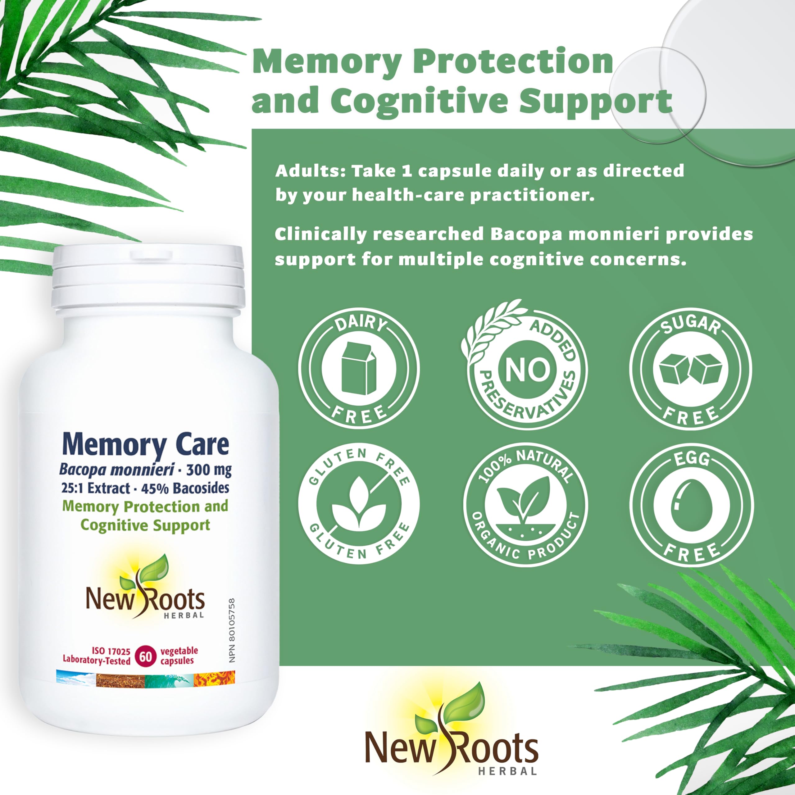 New Roots Herbal - Memory Care Bacopa Monnieri 300mg, 60 Capsules 60-Day Supply - Supplement for Cognitive Support & Memory Protection - Enhances Brain Function, Focus & Clarity - Gluten-Free Formula