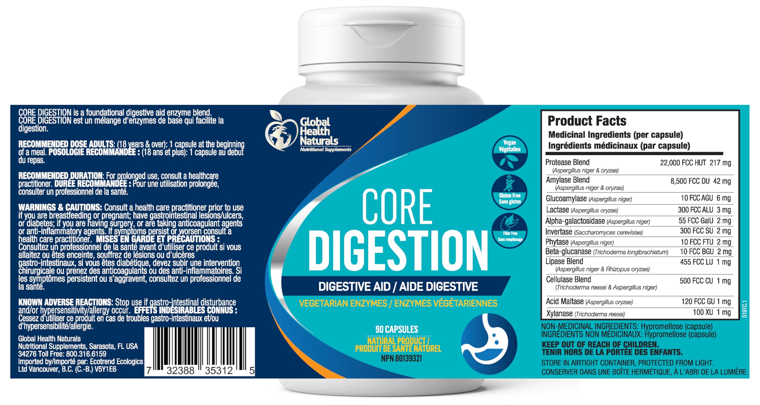 Global Health Naturals Core Digestion 90 gélules végétariennes, 30 jours de traitement, enzymes digestives douces, mélange de 12 souches pour femmes et hommes, fabriqué aux États-Unis