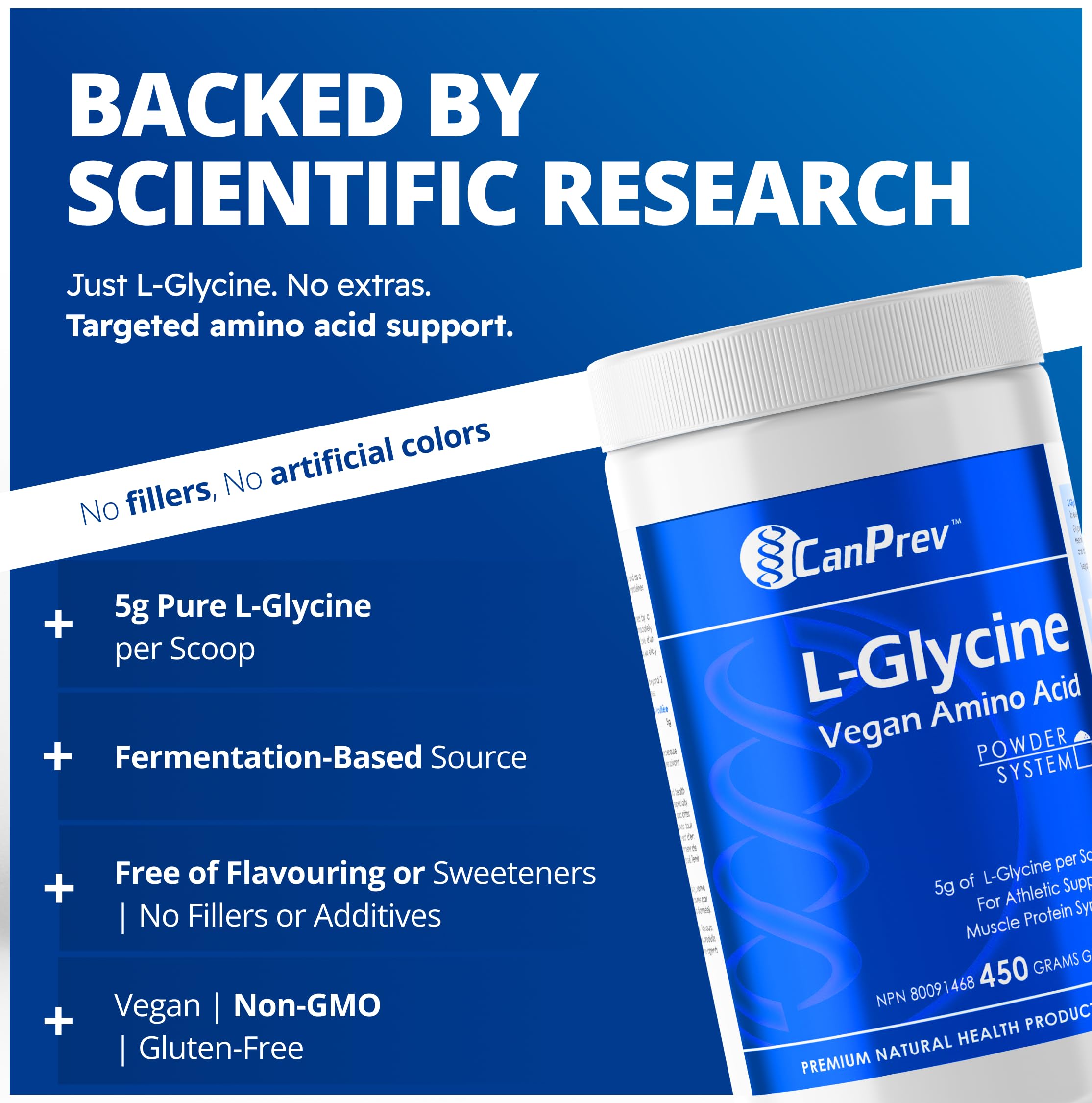 CanPrev L-Glycine poudre d'acides aminés végétalienne 450g 90 portions - 5g de L-Glycine par mesure, favorise la récupération et la performance sportive, promeut le rajeunissement, supplément de glycine pour la relaxation et le soutien cérébral