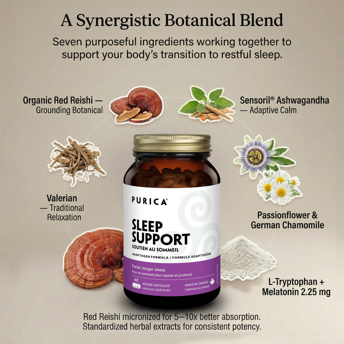 PURICA Sleep Support Supplement, Reishi Mushroom, Melatonin, 60 Capsules