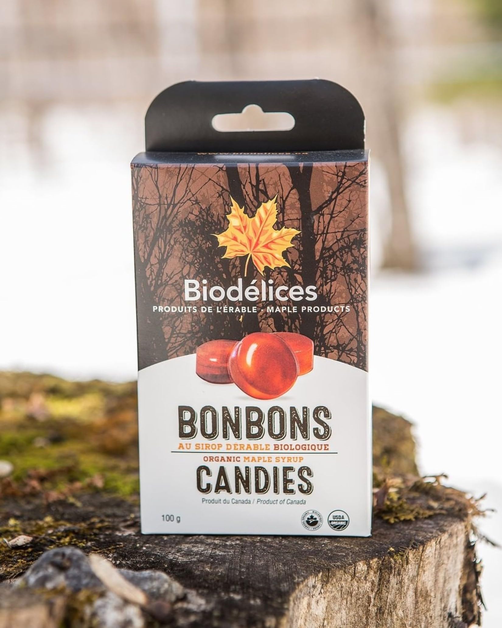 Biodélices - Bonbons au pur sirop d'érable biologique 100g - Riches en antioxydants et minéraux - Le pur délice de l'érable du Québec - Idéal pour le café, comme édulcorant pour le thé, la pâtisserie, comme friandise et pour les desserts