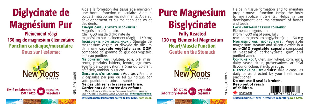 New Roots Herbal Magnesium Bisglycinate, 60 Veg Capsules, 30 Day Supply