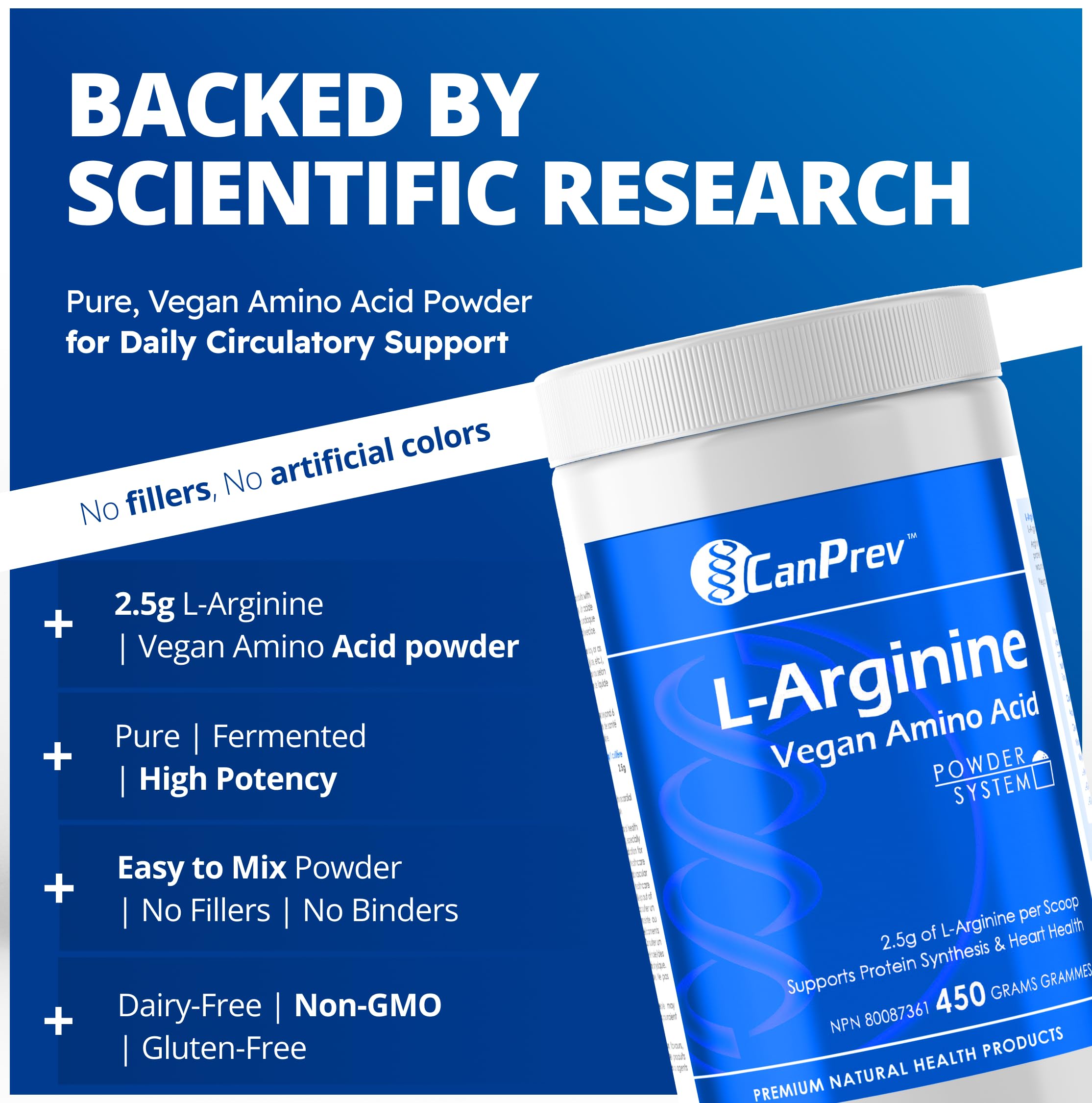 CanPrev L-Arginine Poudre d'Acides Aminés Végétalienne 450g 180 Portions - Soutient la Synthèse Protéique et la Santé Cardiaque - 2.5g de L-Arginine Par Cuillère - Améliore la Performance Athlétique et l'Énergie - Facile à Mélanger Avant l'Entraînement