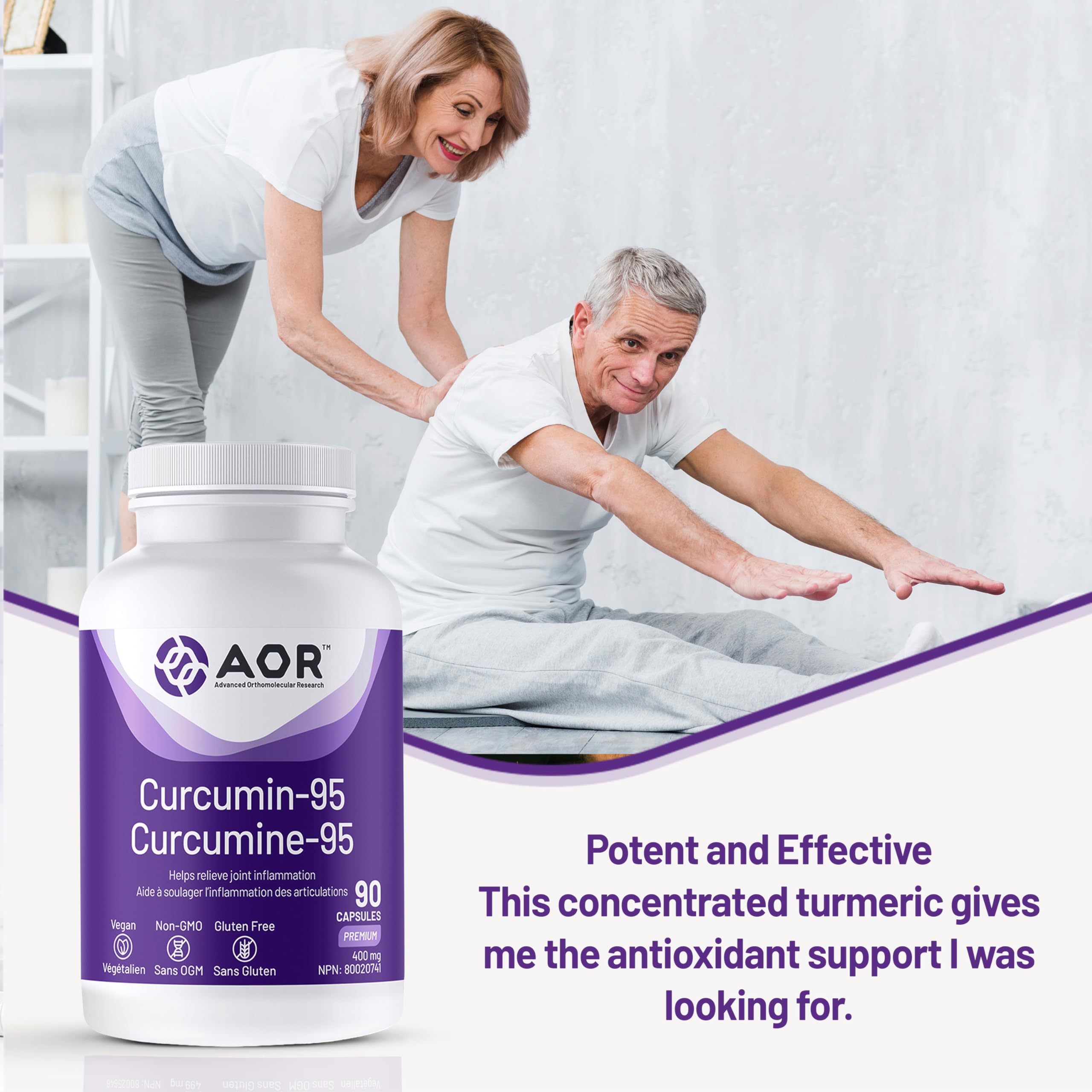AOR Curcumine-95, 90 capsules, cure de 30 jours – Curcumine de Curcuma à haute puissance 400 mg – Supplément de curcumine sans OGM et végétalien – Riche en antioxydants naturels – Favorise le bien-être articulaire et cardiovasculaire