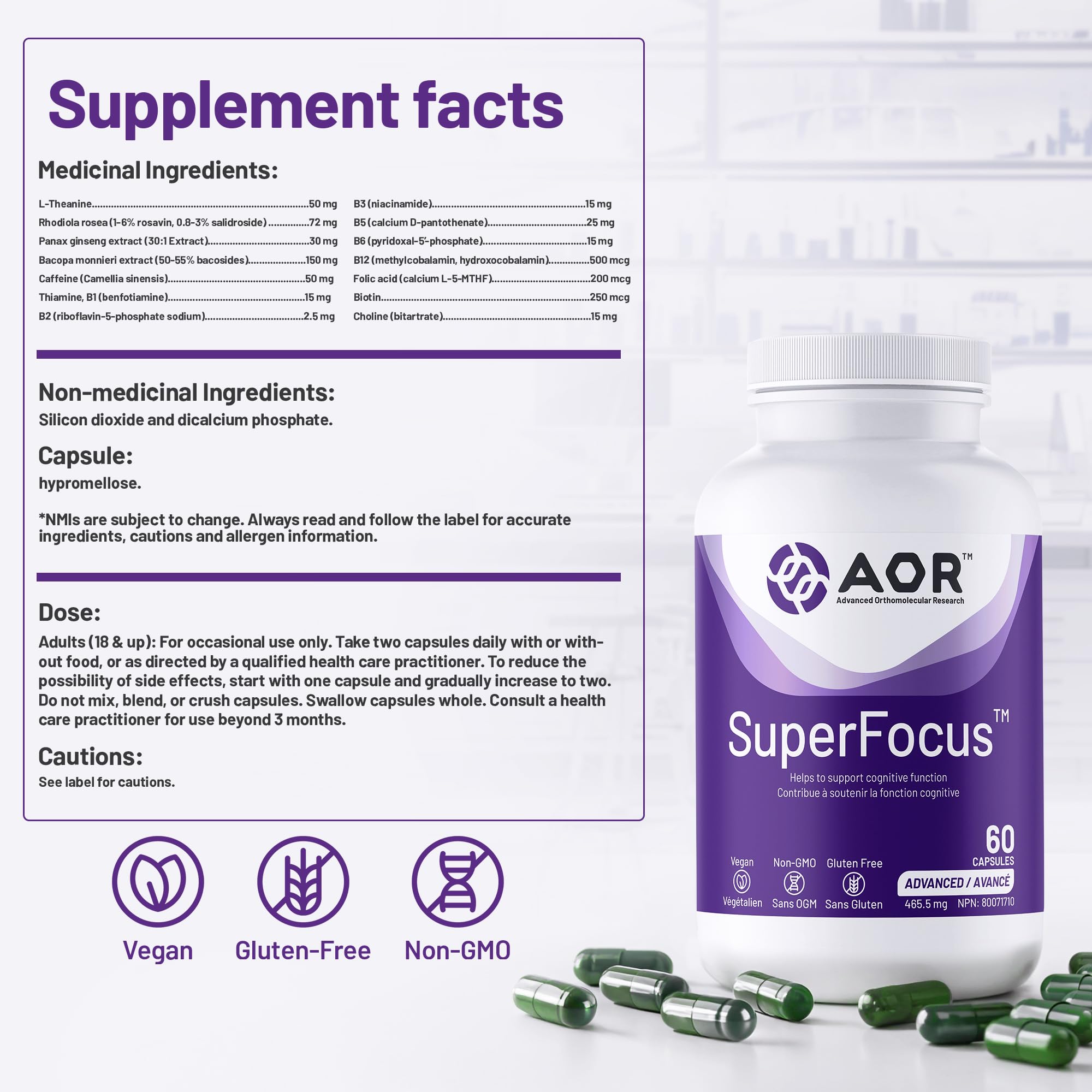 AOR SuperFocus, complément de soutien cérébral, 60 capsules, 30 jours – Végétalien, sans OGM et sans gluten – Améliore les performances cognitives et la mémoire, contient du ginseng, du Rhodiola Rosea, du Bacopa, de la méthyl B12, de l'inositol