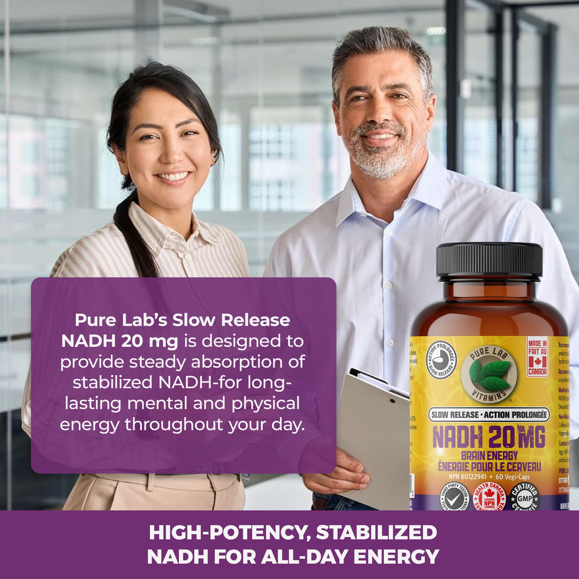 Pure Lab Vitamins - Nicotinamide Adénine Dinucléotide (NAD) + Hydrogène (H) Supplément - 20 MG