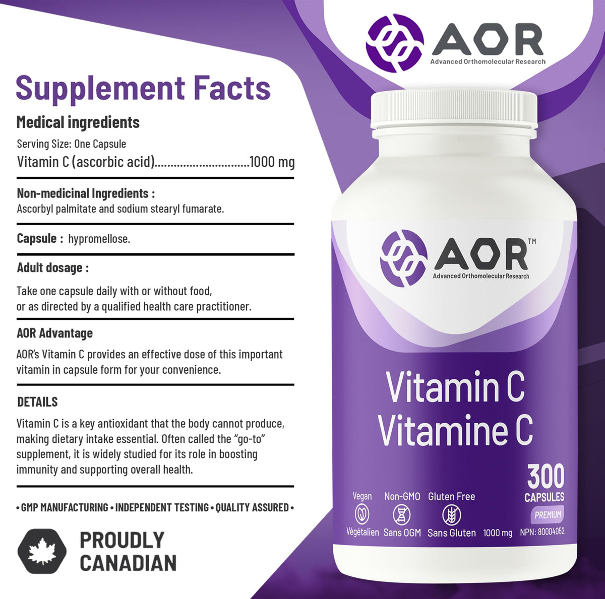 AOR Vitamin C 1000mg Vegan Capsules, Non-GMO, 300 Capsules, 10 Month Supply