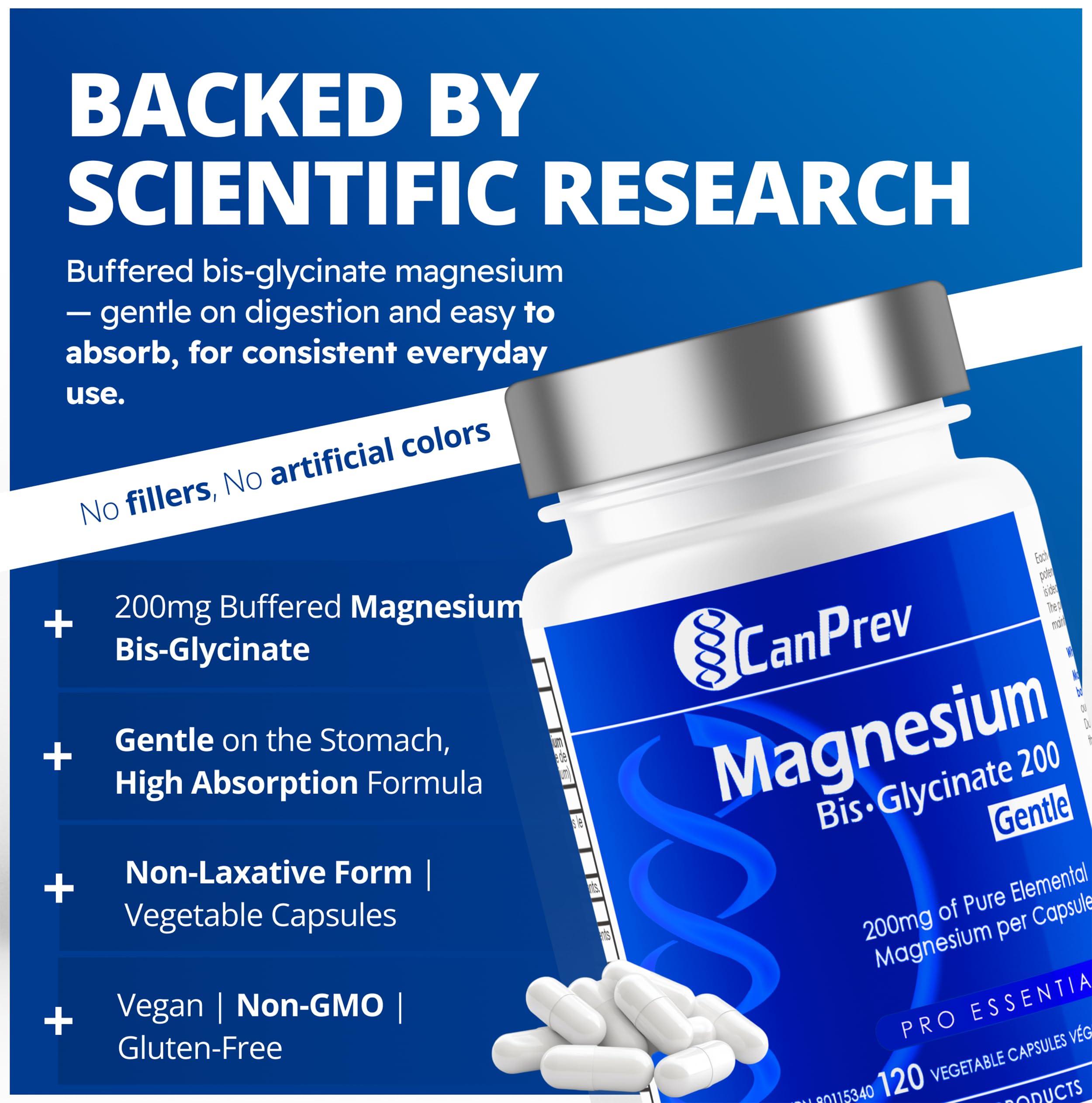 CanPrev Bisglycinate de magnésium 200 Doux, 120 gélules végétaliennes, Approvisionnement de 120 jours - Maintient la santé des os, des dents et une fonction musculaire appropriée - Favorise la relaxation et la forme de bisglycinate hautement absorbable