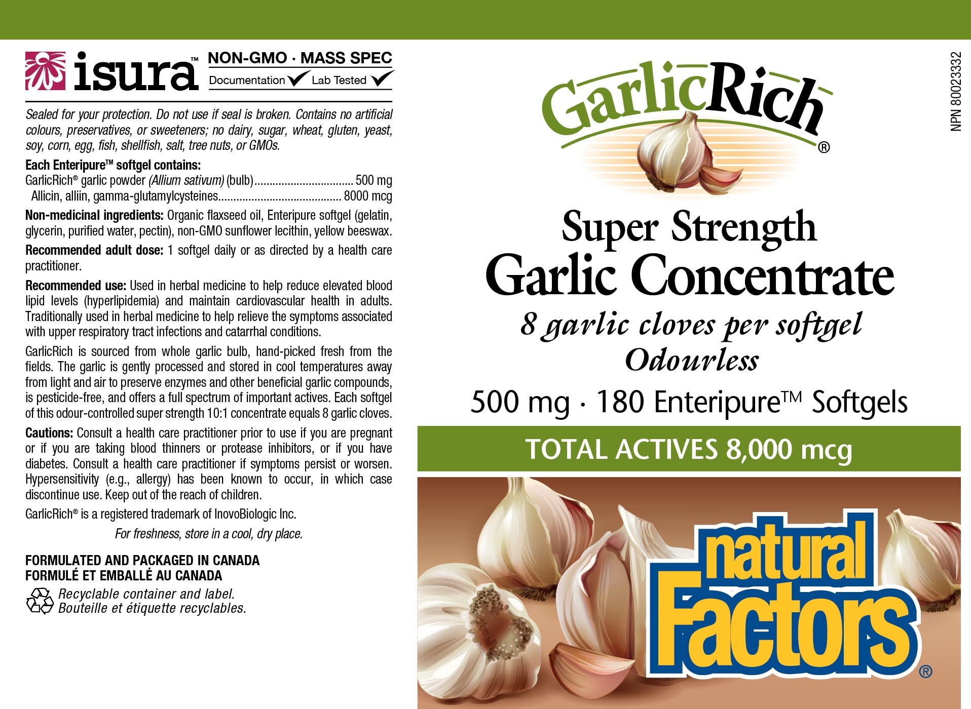 Natural Factors, Garlic Rich, Super Strength Garlic Concentrate, 500 mg, 180 Enteric Coated Softgels by Natural Factors
