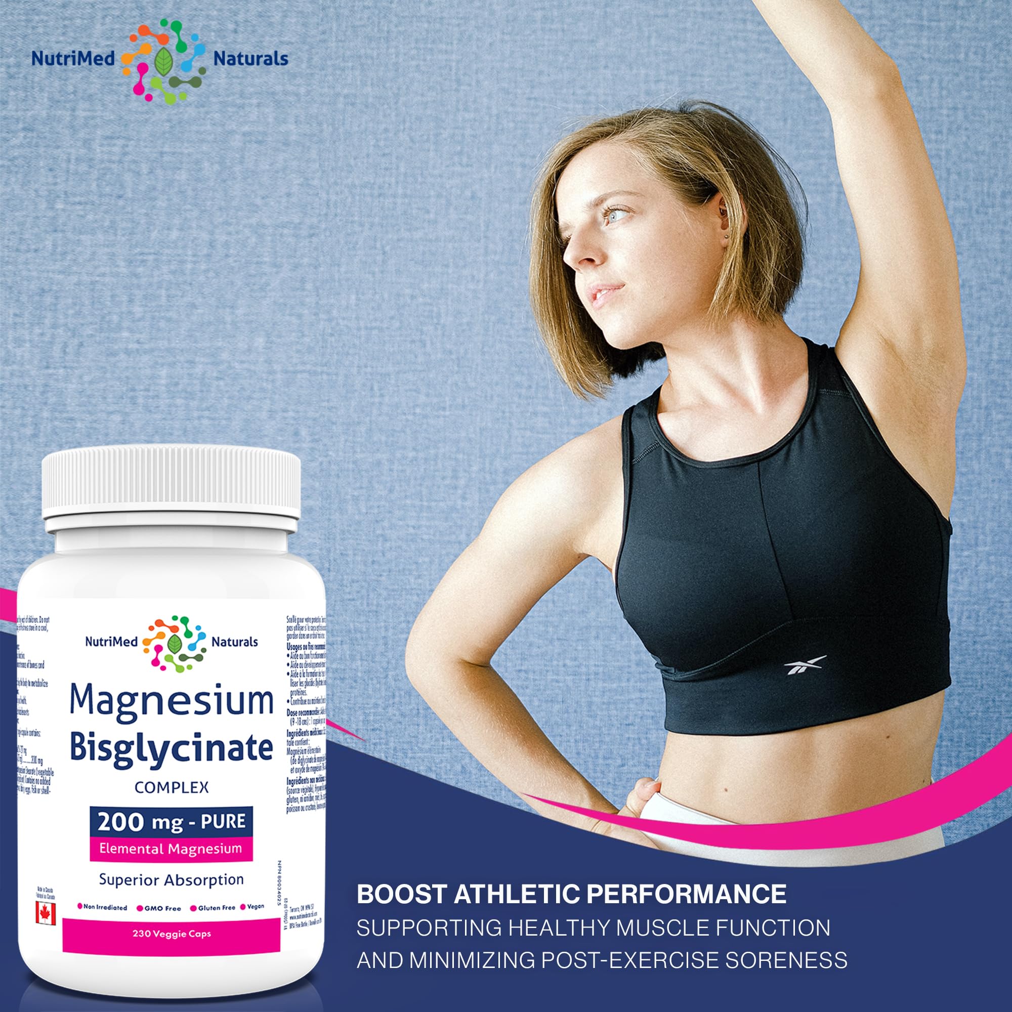 Nutrimed Naturals - Magnesium Bisglycinate Complex 200mg, 230 Capsules 230-Day Supply - Maintain Proper Muscle Function & Bone Health, Sleep Support - 3rd Party Tested - Formulated & Made in Canada