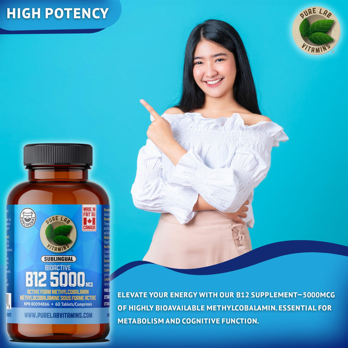 Pure Lab Vitamins | Bioactive Vitamin B12 5000mcg | 60 Tablets | Sublingual B12 Methylcobalamin 5000 mcg | Metabolism Boosters Energy Supplement | Helps in Normal Immune System Function - Gluten Free