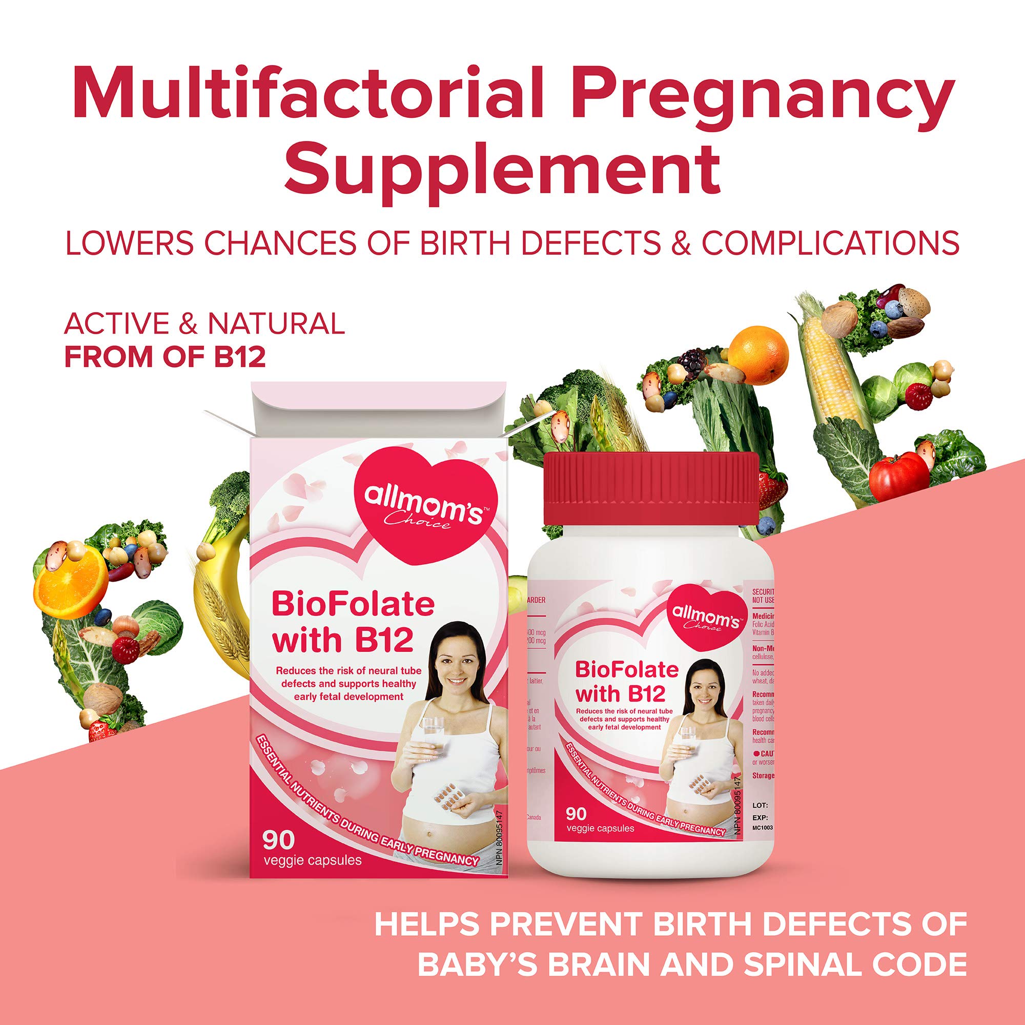 Vegan Folic Acid Pregnancy Supplement with Vitamin B12 - Contains 400mcg Folate or Folic Acid - Reduces Risk of Neural Tube Defects and Helps Formation of Red Blood Cells - 90 Tablets - Allmom's Choice