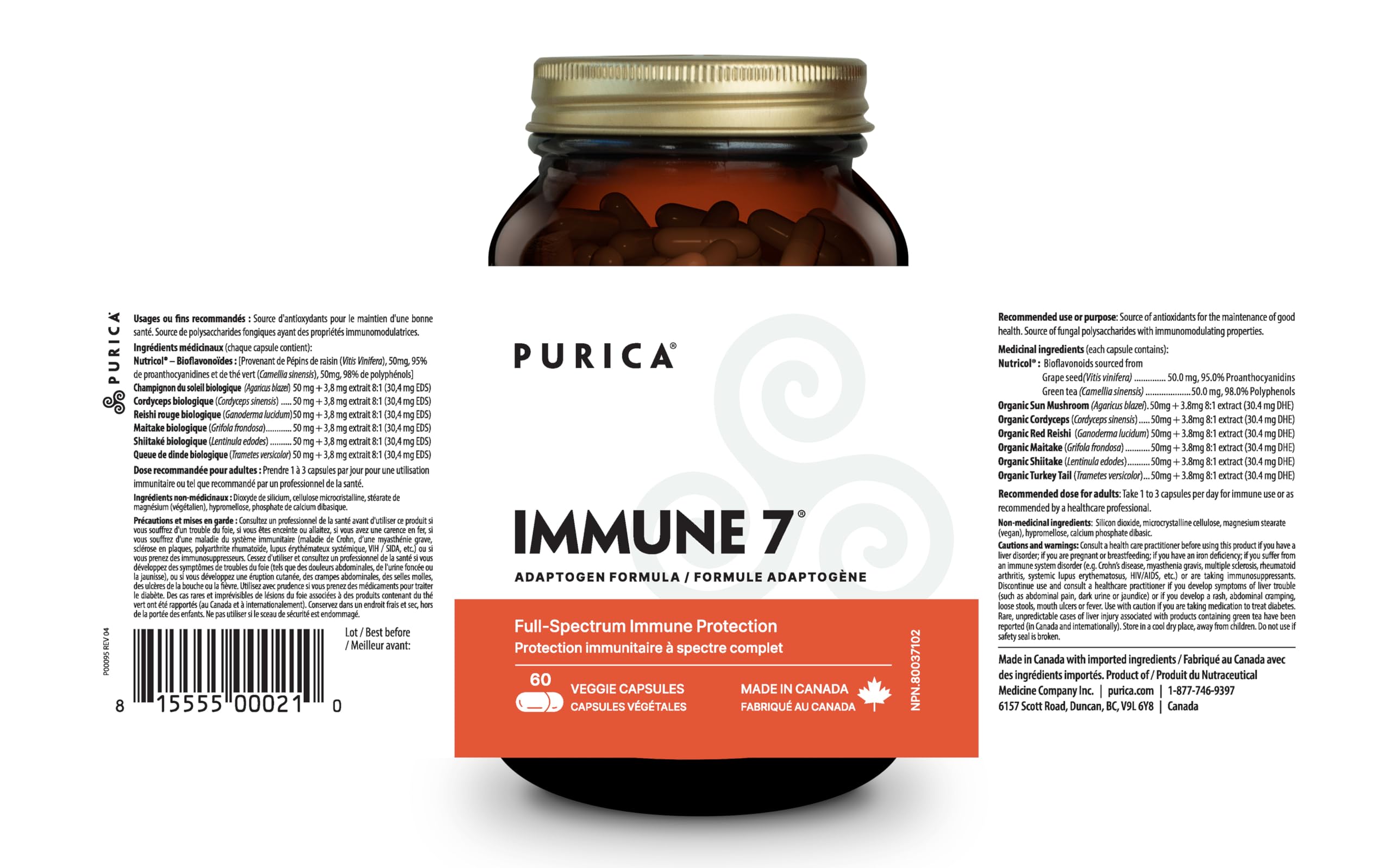 PURICA Complexe Immunitaire 7, 60 gélules - Soutien immunitaire complet avec Coriolus versicolor, Cordyceps, Reishi, Maitake, Shiitake, Champignon du Soleil - Vitalité à spectre complet, Améliore la santé et le bien-être