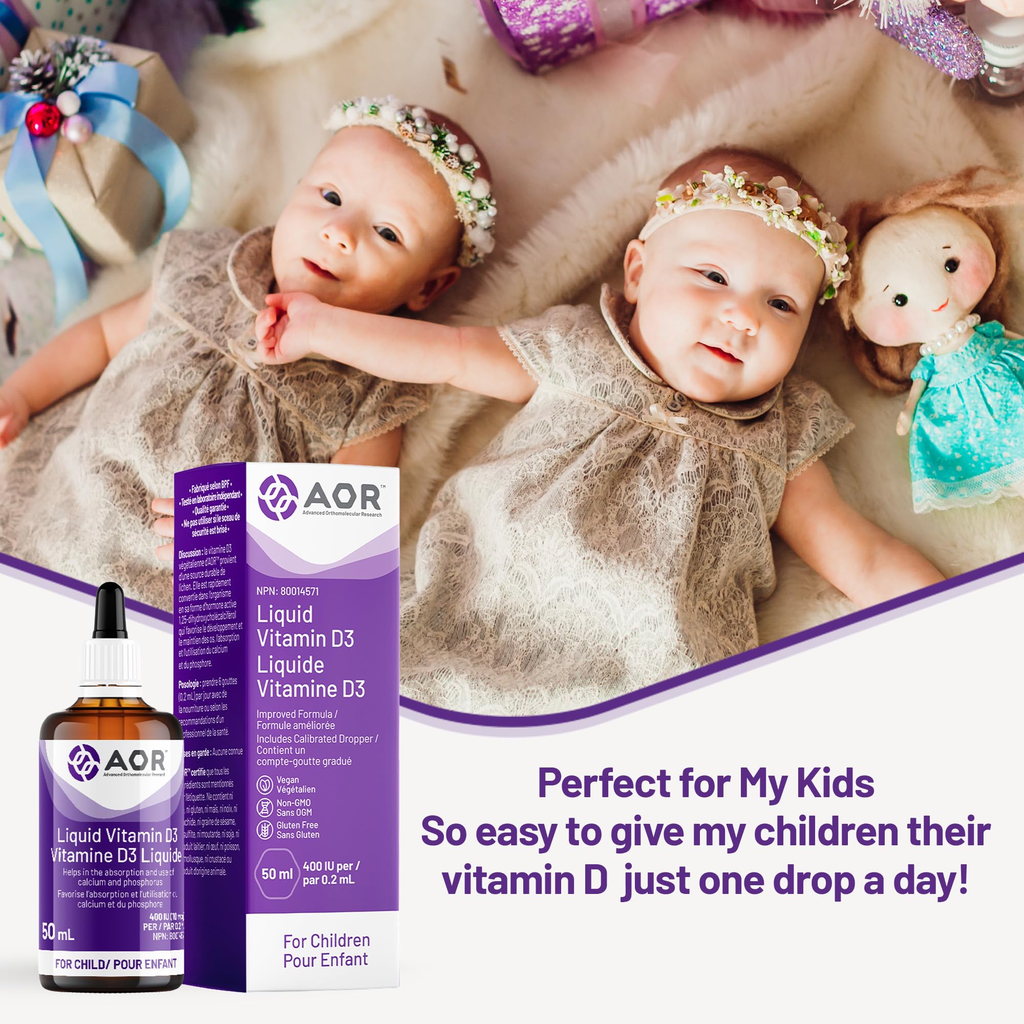 AOR Kids Vitamin D3 400 IU Drops 50 ml 250-Servings - Vegan, Non-GMO & Gluten-Free - Organic Cholecalciferol with Calcium for Children - No Preservatives or Sugar - Support for Strong Bones & Immune