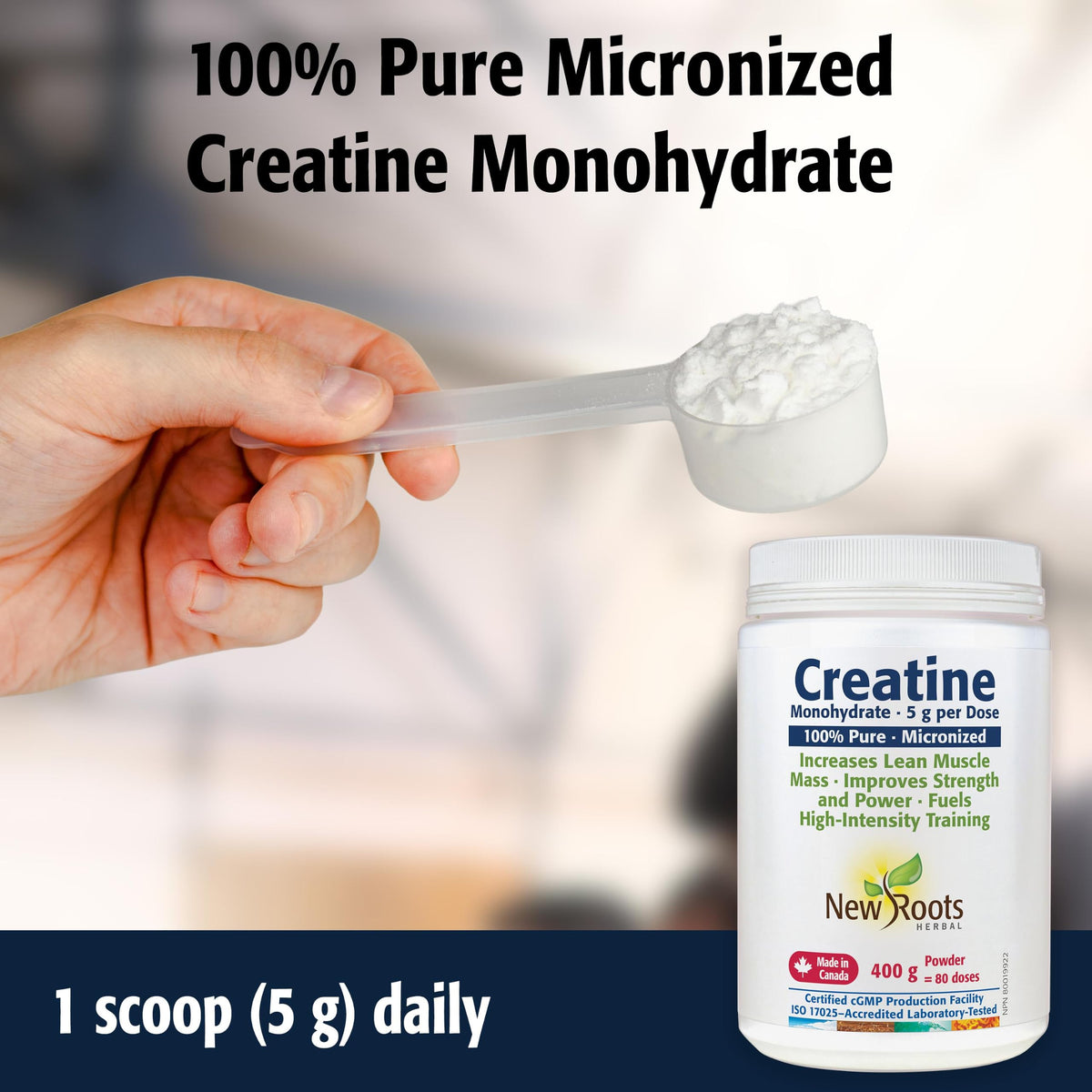 New Roots Herbal Creatine Powder 400 g — 100% Micronized Creatine Monohydrate, 5 g per Scoop, 80 Servings, Unflavoured Single Ingredient, Non-GMO and Gluten Free