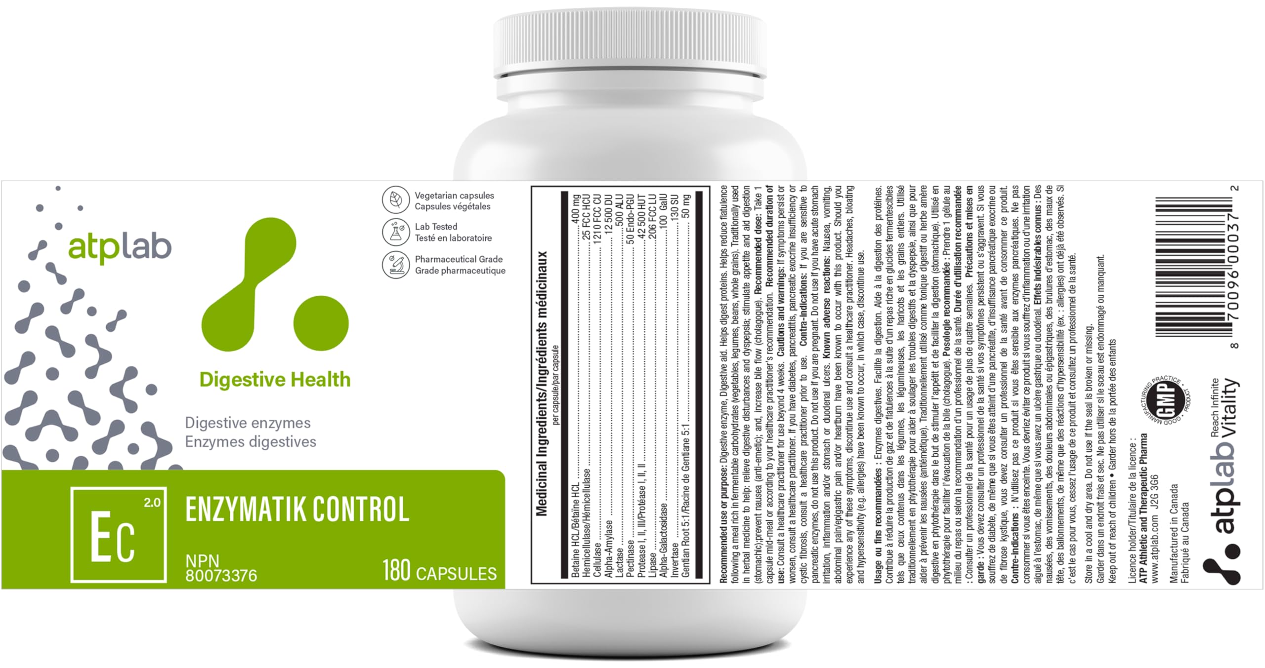 ATP LAB - Enzymatik Control 180 capsules, 180 jours d'approvisionnement - Supplément d'enzymes digestives - Santé digestive - Soulagement des gaz pour adultes - Enzymes digestives - Testé par une tierce partie