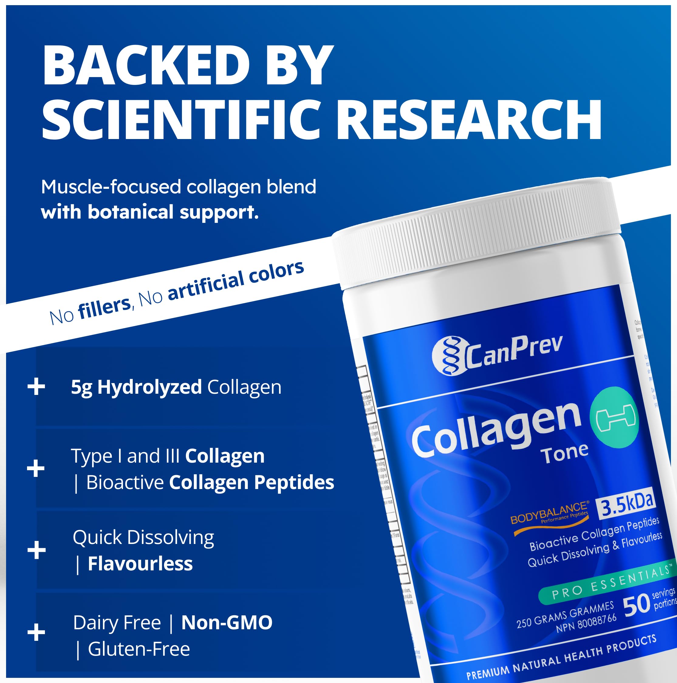CanPrev - Collagène Tonus Musculaire, 250g Poudre 50 Portions - Sans OGM et Sans Gluten - Peptides de Collagène Bioactifs Ciblent les Cellules Musculaires et Favorisent la Masse Maigre - Soutient la Santé Articulaire et Favorise la Récupération