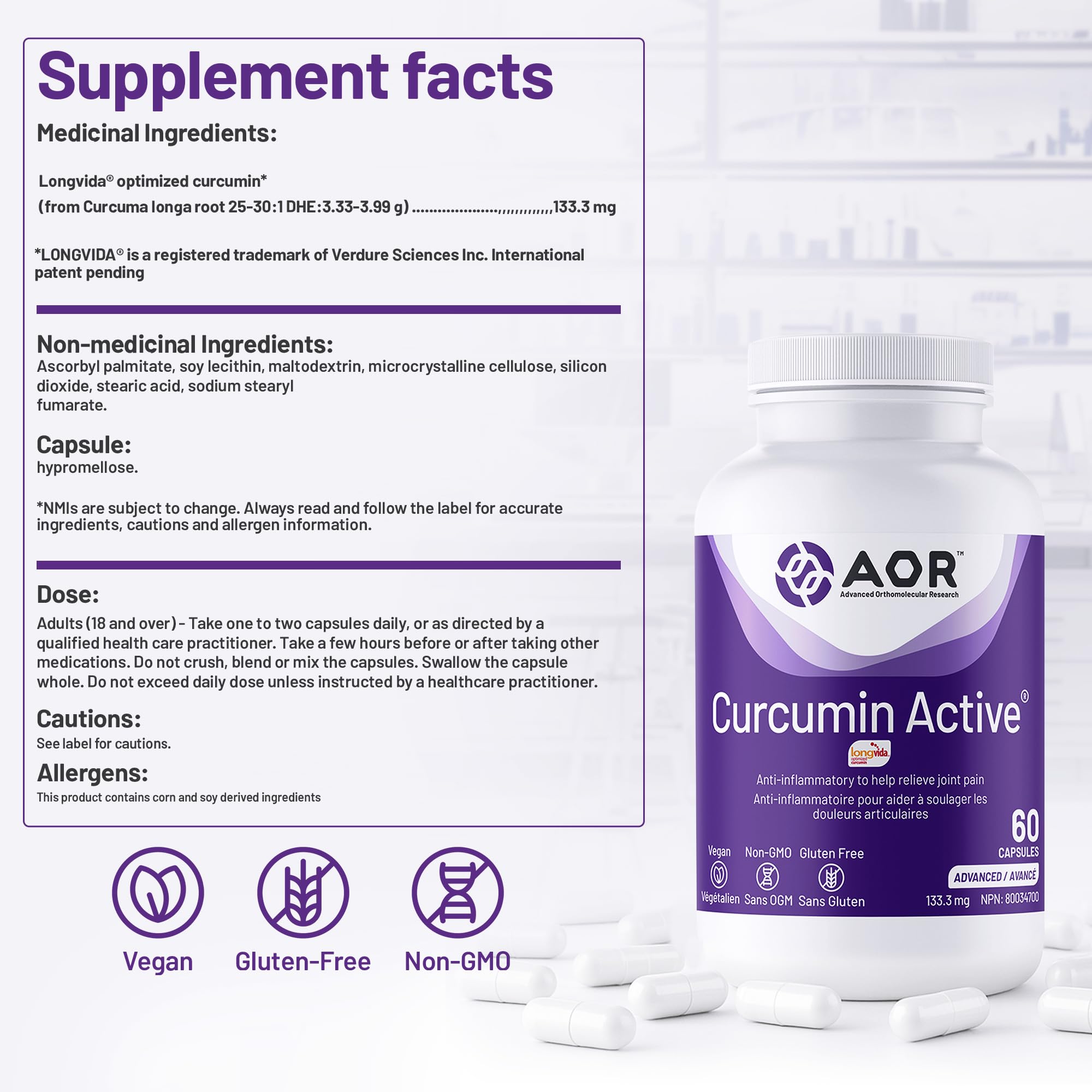 AOR Curcumin Active 133,3mg, 60 gélules (approvisionnement de 60 jours) - Végétalien, sans OGM et sans gluten - Absorption améliorée - Confort articulaire et soutien antioxydant