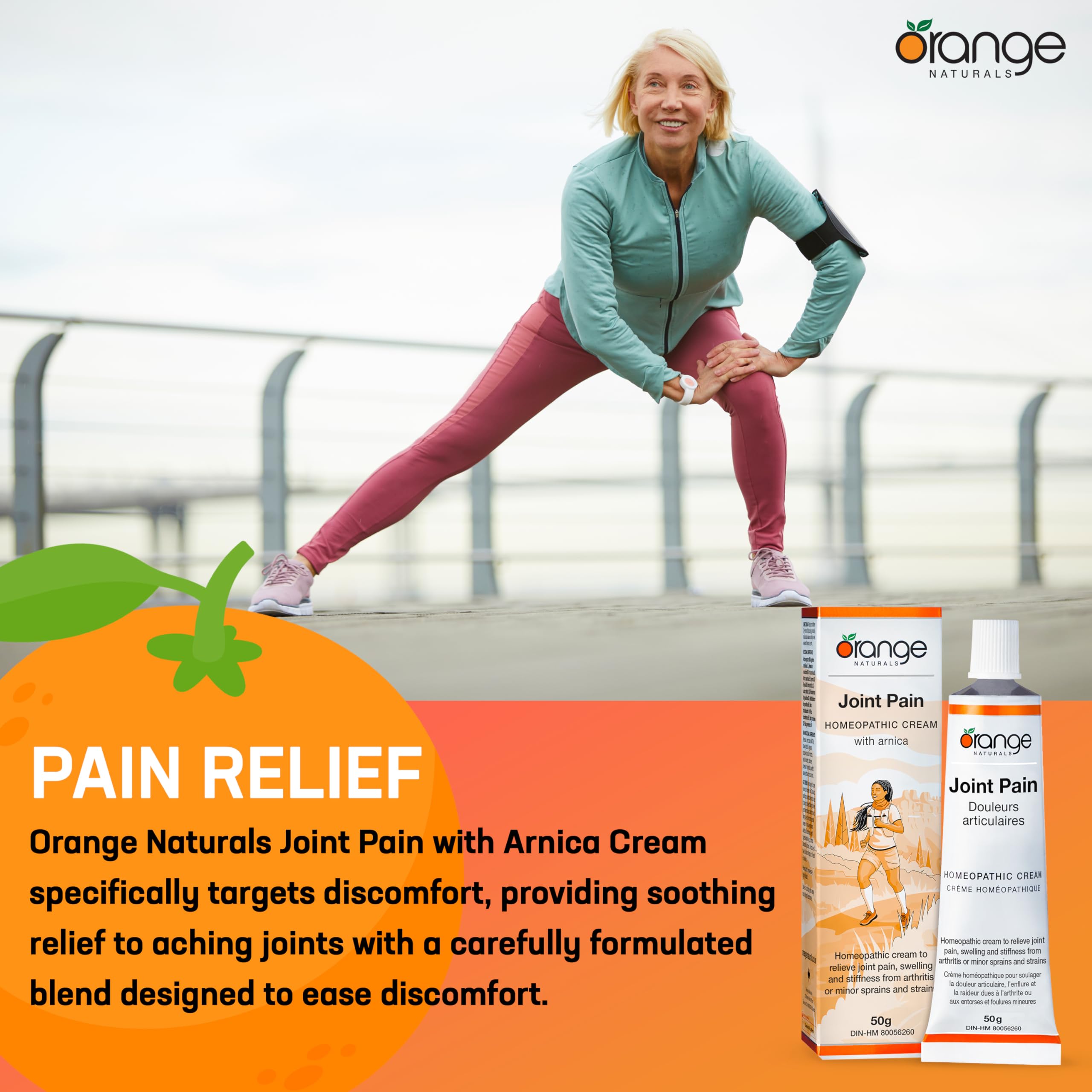 Orange Naturals Crème Douleur Articulaire à l'arnica, 50g – Soulagement apaisant pour les tensions musculaires, les contusions, les gonflements et les entorses, les douleurs au genou et à l'épaule – Crème non grasse pour un confort quotidien