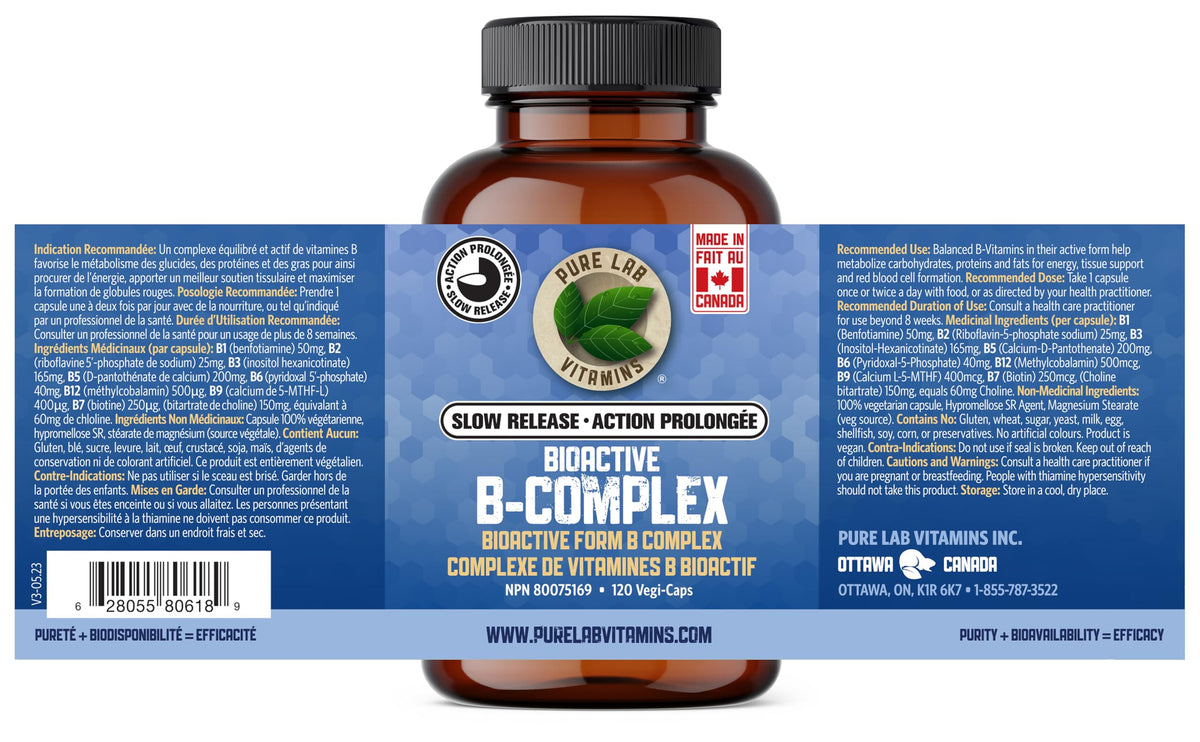 Pure Lab Vitamin | Slow Release Bioactive B Complex | 120 Capsules | Vitamin B-Complex Supplements | Metabolic Support Immune System | Vitamin B Pressure Complex | B Complex Vitamins for Men and Women