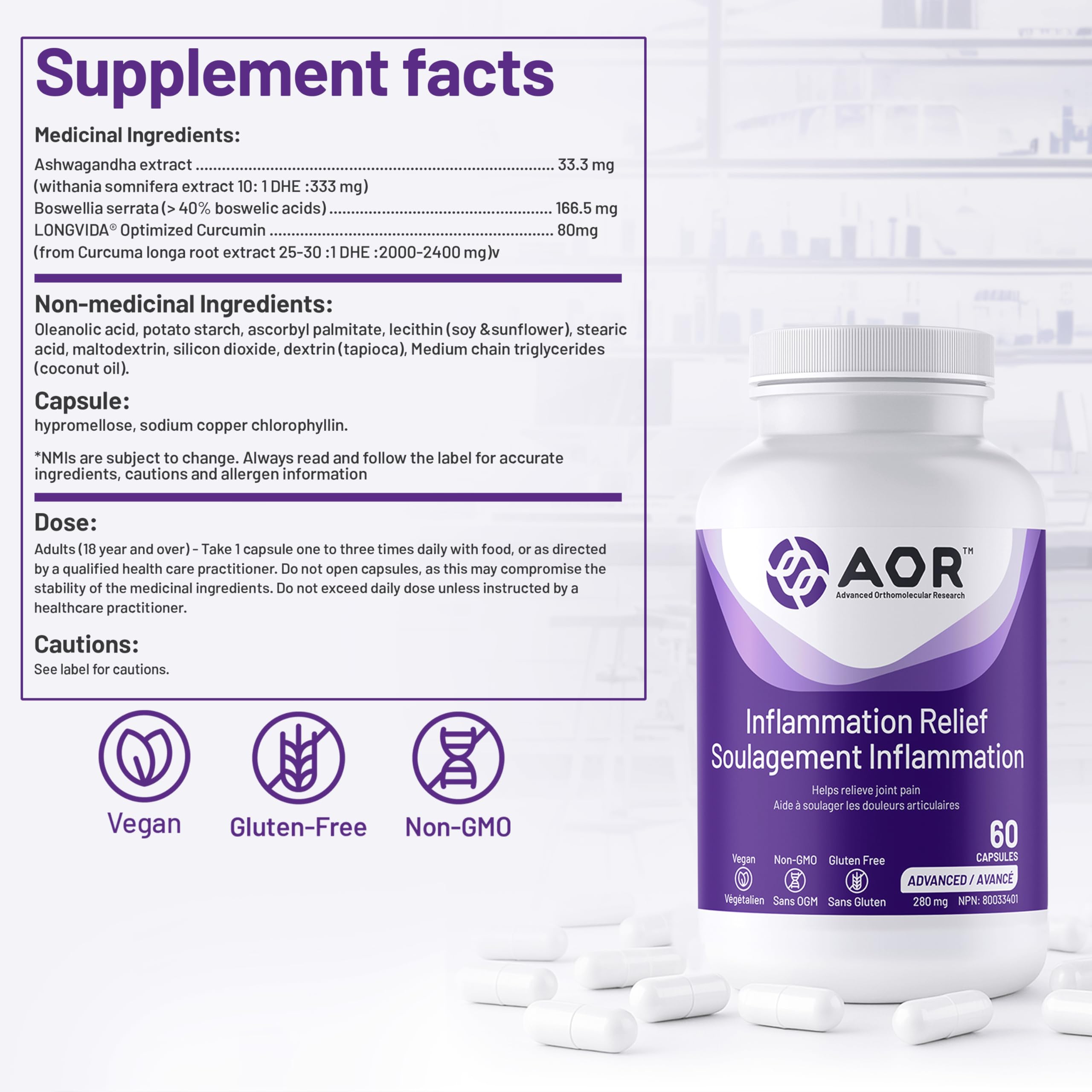 AOR Complément Soulagement de l'Inflammation 280mg, 60 Gélules pour 60 Jours - Contient Boswellia, Curcumine Longvida & Ashwagandha - Mélange de Curcuma pour le Soutien Articulaire, la Souplesse & le Confort - Végétalien et Sans OGM