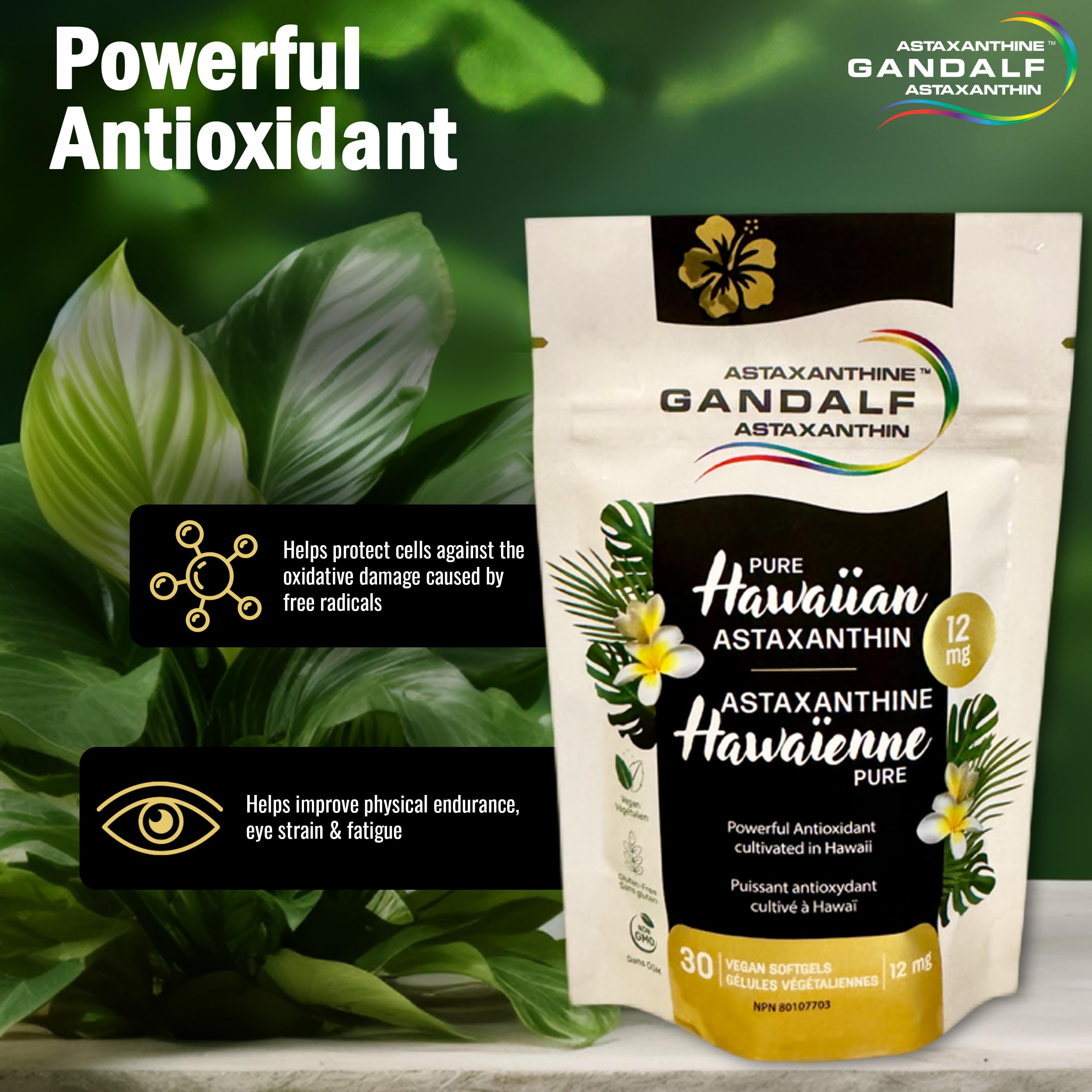 Gandalf Pure Hawaiian Astaxanthin 12mg 30 Vegan Softgels 30-Day Supply - Supports Eye Comfort & Joint Flexibility, Natural Antioxidant Power, Promote Skin & Vision Wellness, Grown in Hawaii
