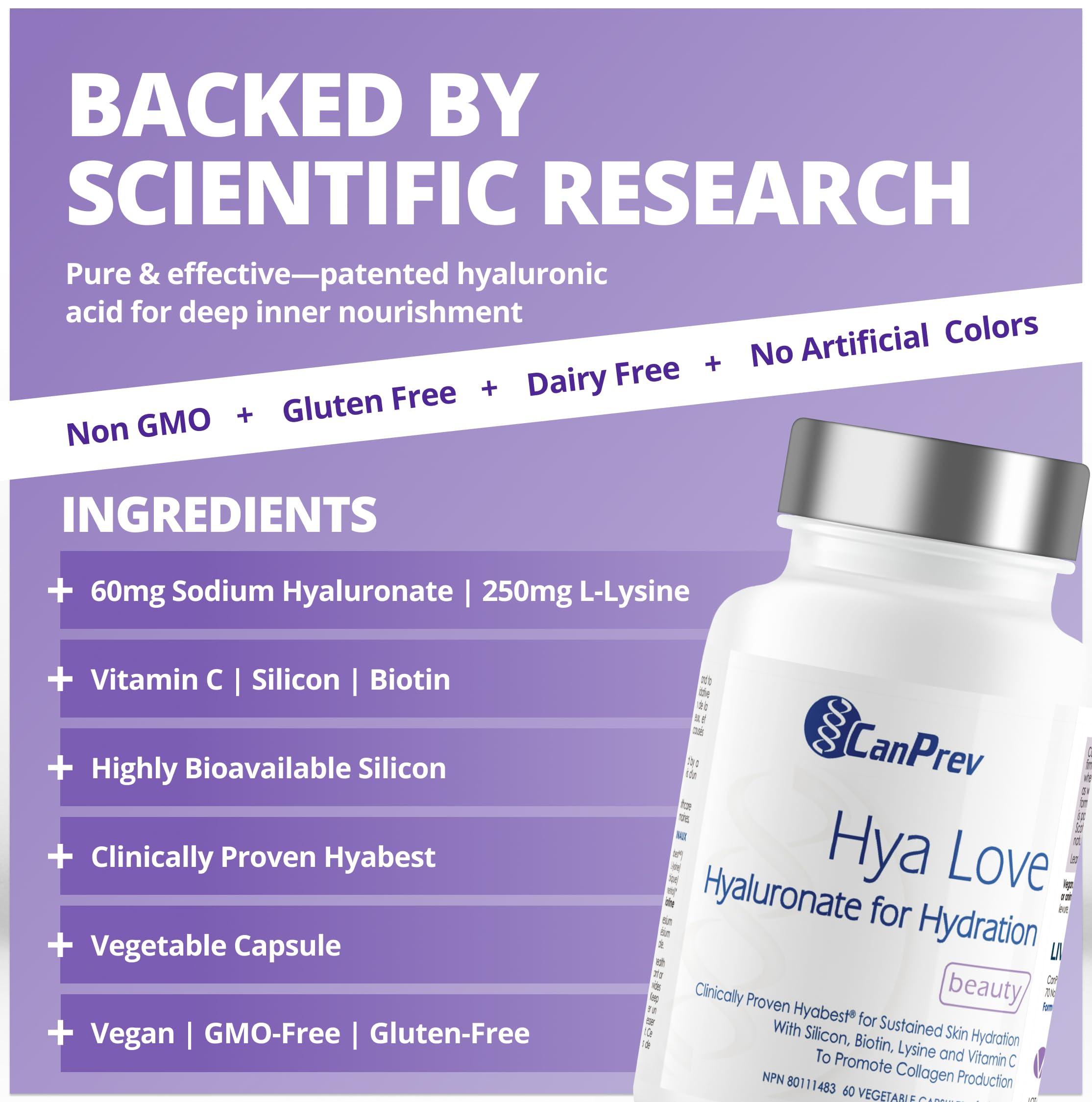 CanPrev - Hya Love Hyaluronate pour l'hydratation et la beauté, 60 V-Caps, 30 jours de traitement - Aide à la formation de collagène - Aide à maintenir la santé des cheveux, des ongles, des muqueuses et l'hydratation de la peau
