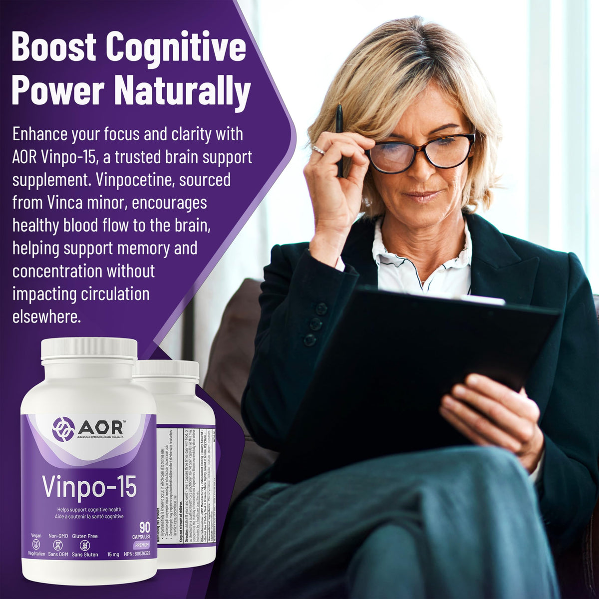 AOR Vinpo-15 Brain & Focus Supplement, Gluten Free, 15 mg, 90 Capsules