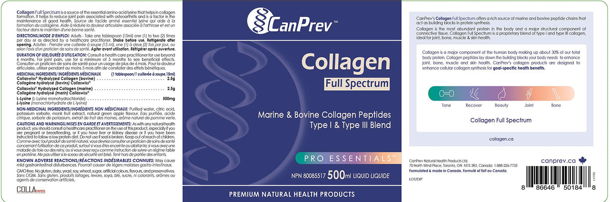 CanPrev Liquid Collagen, Marine & Bovine, Unflavoured, 500 ml, 33 Servings