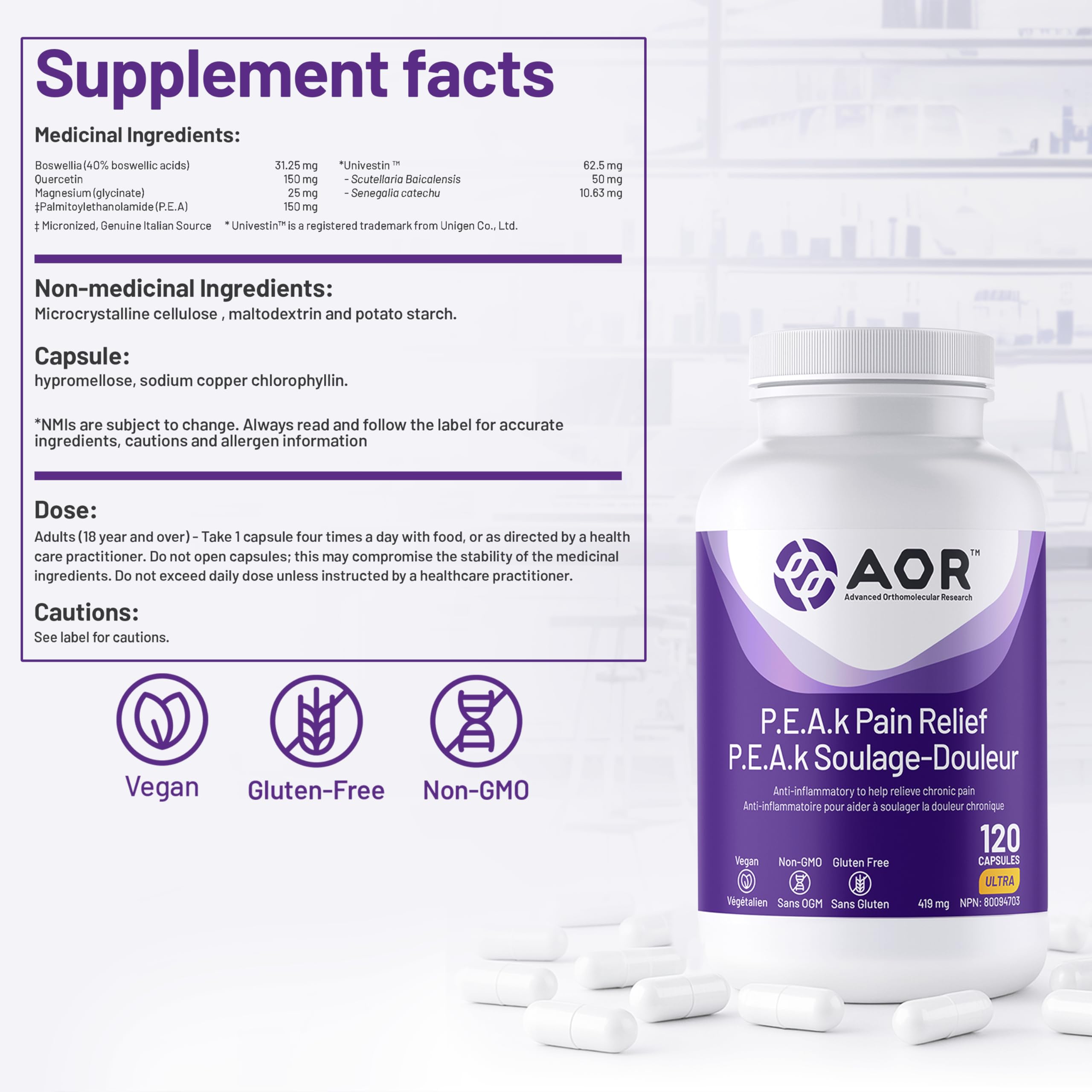 AOR - P.E.A.K Soulagement de la douleur 120 Capsules Cure de 30 Jours - Supplément de Palmitoyléthanolamide (PEA) avec Univestin, Boswellia, Quercétine et Glycinate de Magnésium pour Favoriser le Confort et la Mobilité - Végétalien, Sans OGM