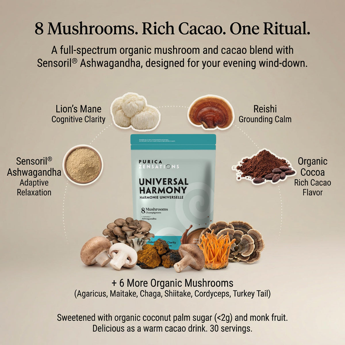 PURICA Zensations Universal Harmony, Ashwagandha & 8 Mushroom Blend Cacao