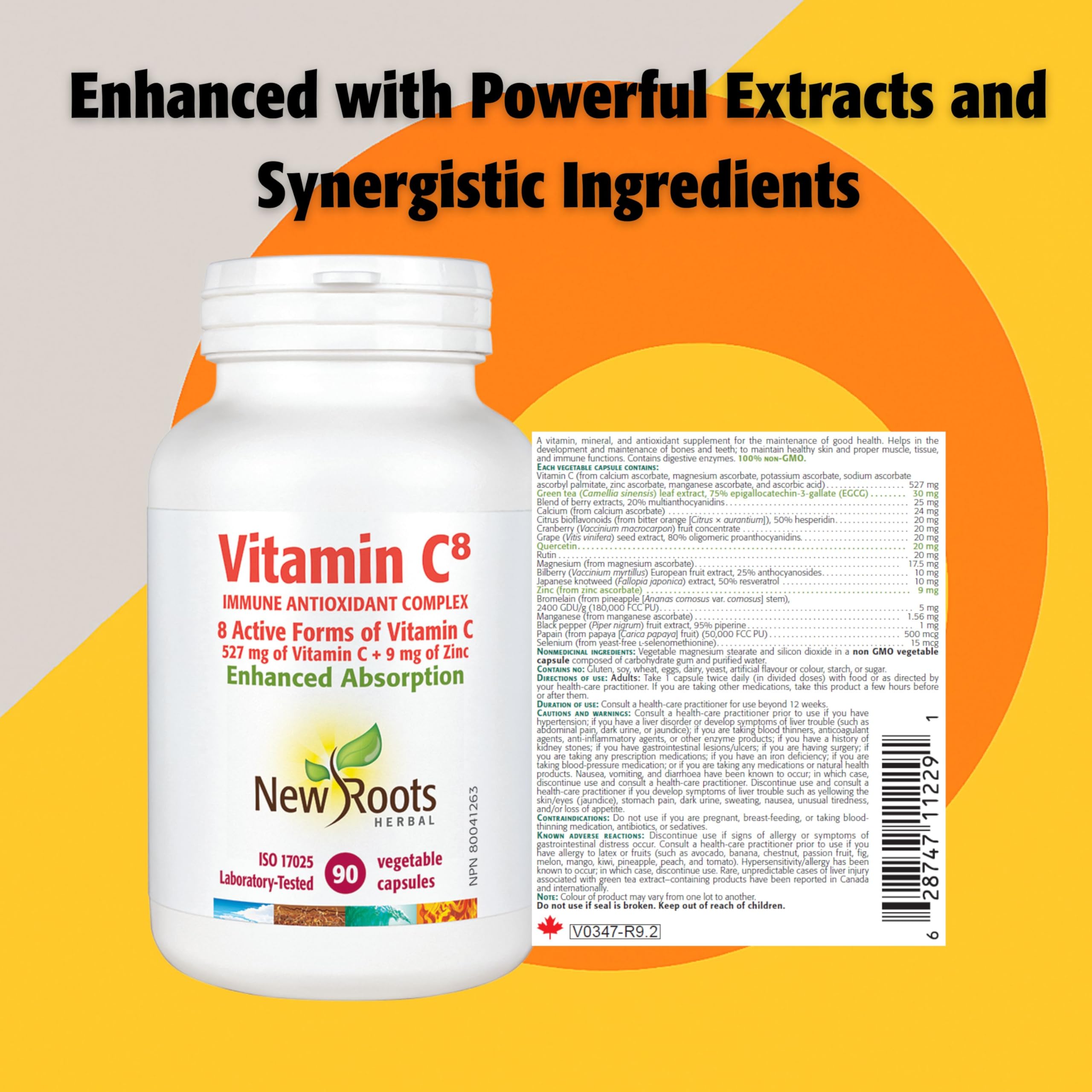 New Roots Herbal Vitamine C‚Å∏ 90 gélules végétales, 45 jours d'approvisionnement - 8 formes actives de vitamine C tamponnée avec du zinc et de l'extrait de thé vert pour une meilleure absorption, un soutien antioxydant, sans OGM, fabriqué au Canada