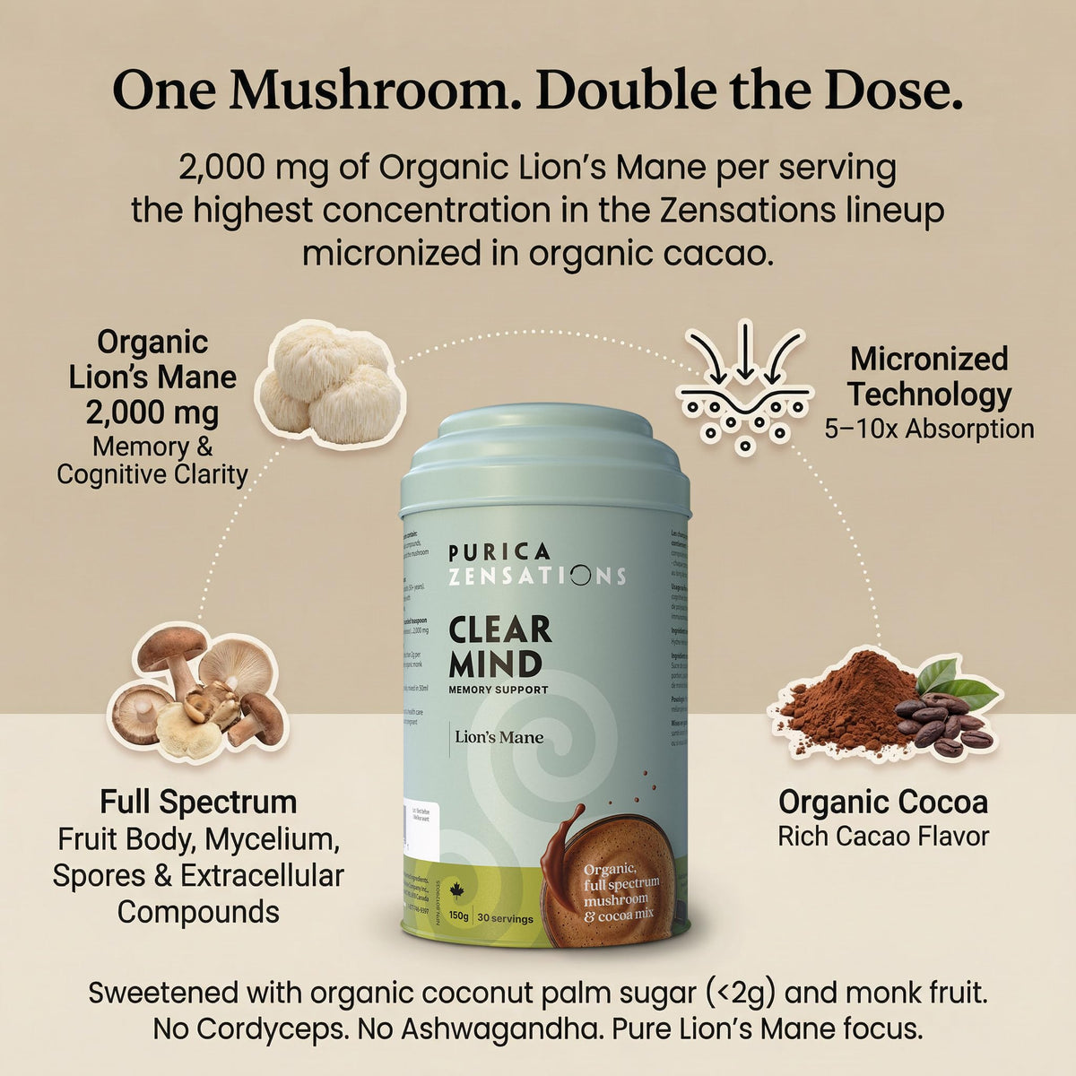 PURICA Zensations Clear Mind, Organic Lions Mane, 1600mg, Made in Canada