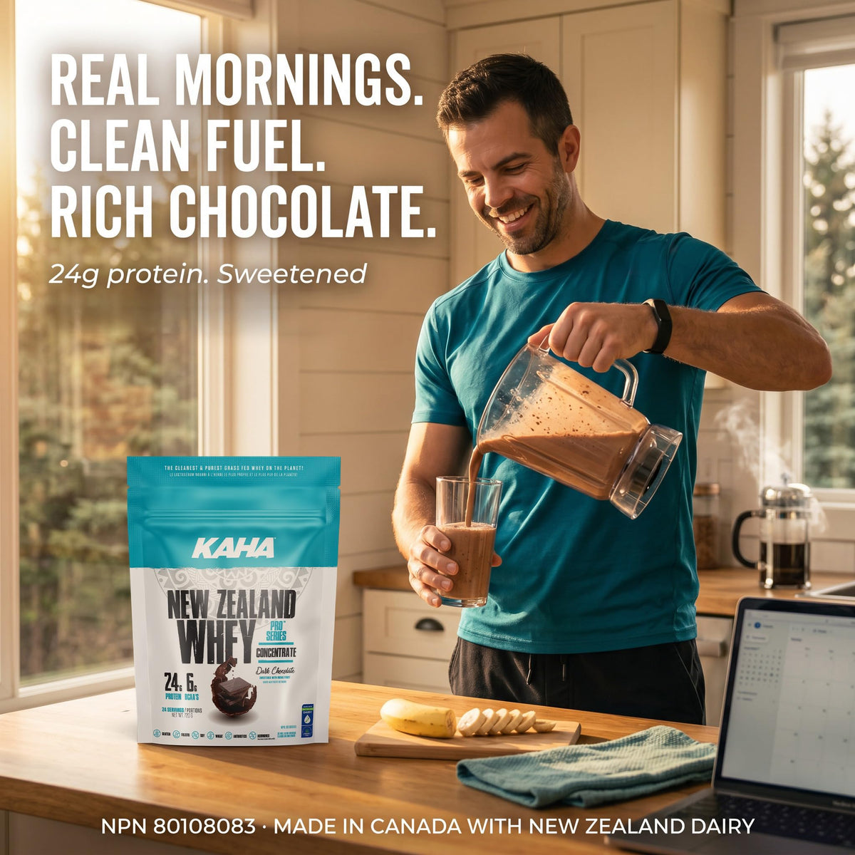 Kaha Nutrition NZ Whey Concentrate 720g Powder, Dark Chocolate Flavour - 24g Protein, 6g BCAAs, Grass-Fed Powder for Muscle Support & Active Lifestyle