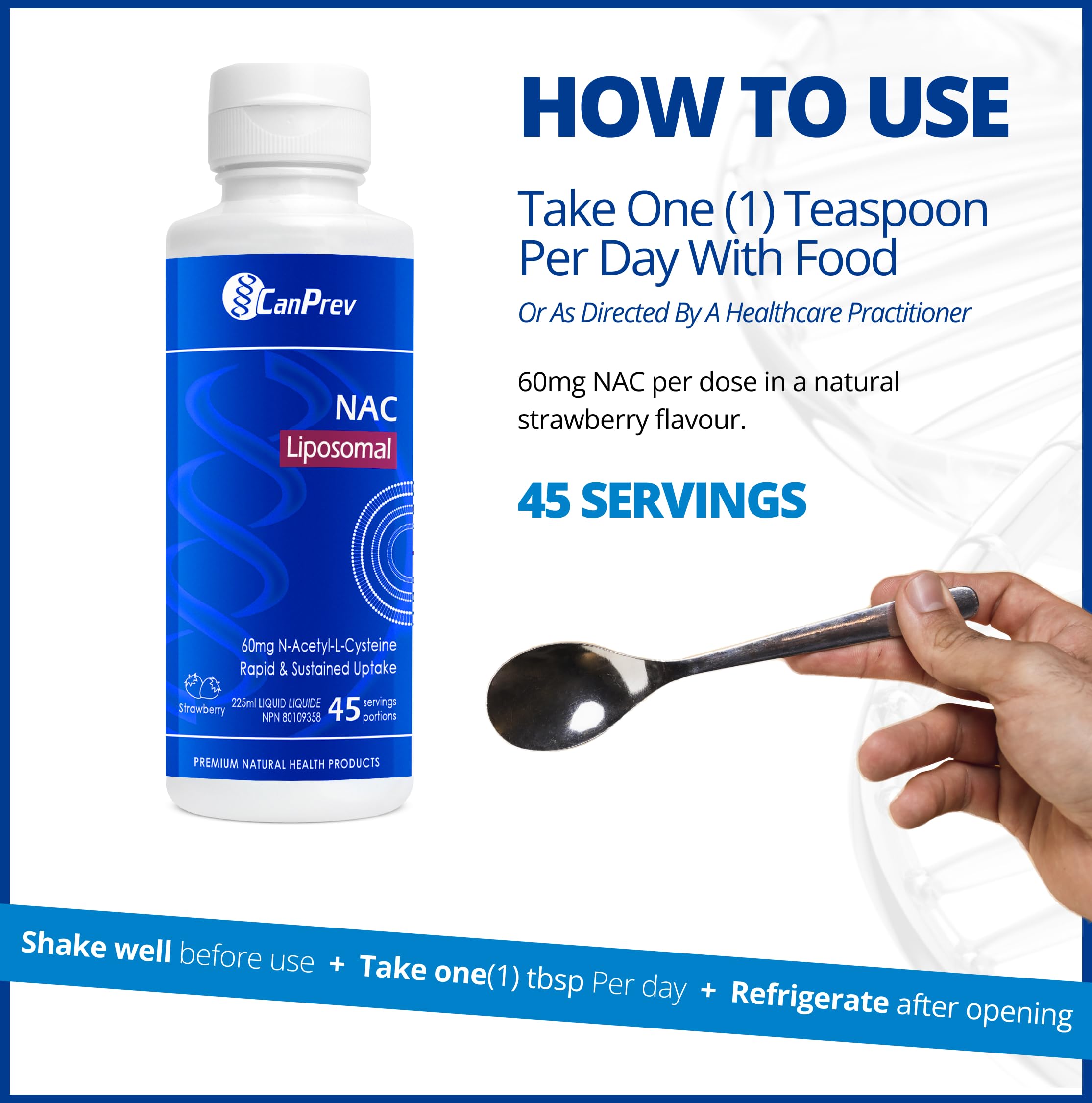 CanPrev - Liposomal NAC Supplement N-Acetyl Cysteine, Strawberry Flavor 225ml Liquid 45-Servings - Brain, Liver and Respiratory Health, Clear Mucus from Lung & Antioxidant Support - Vegan & Non-GMO